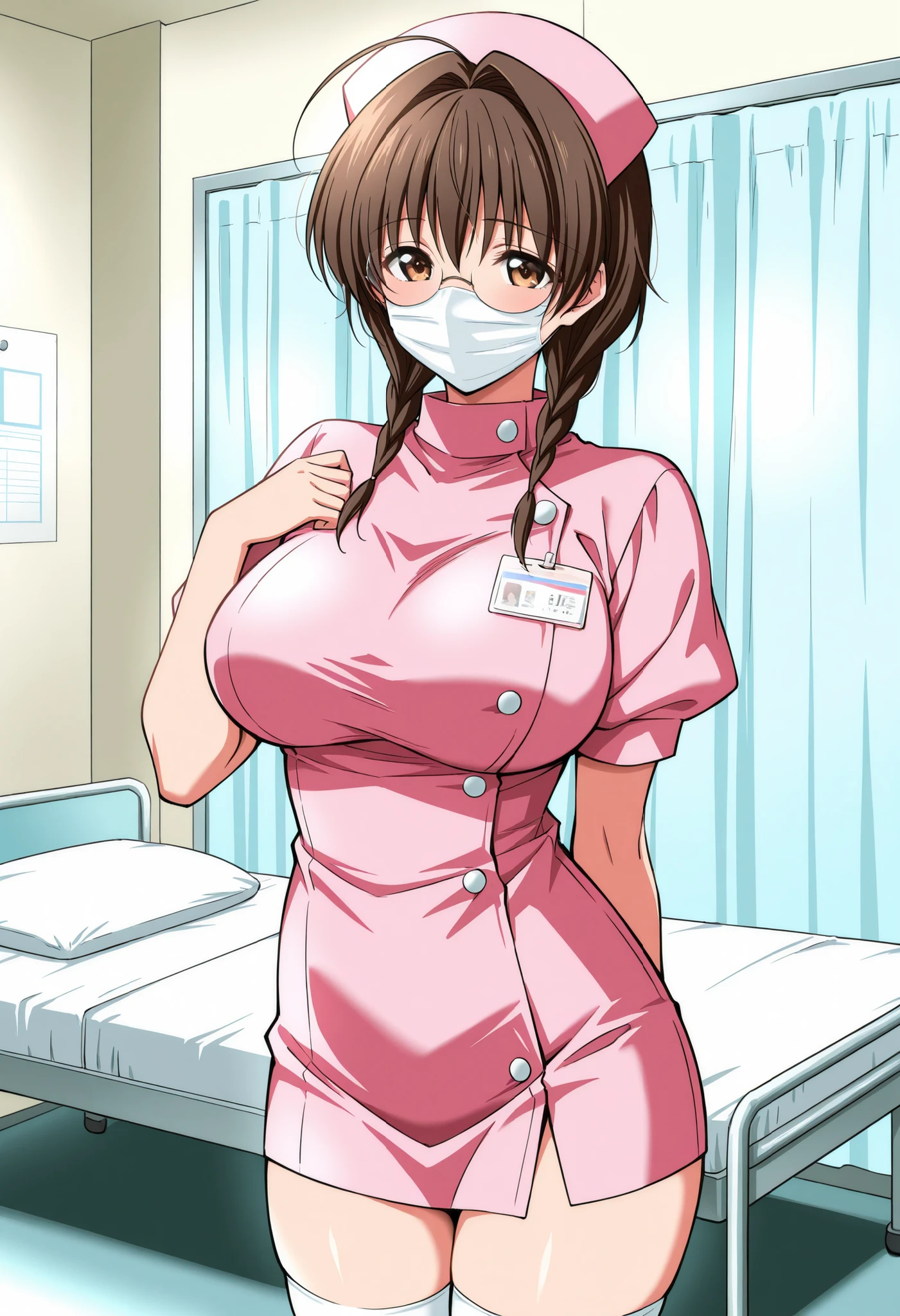 Score_9, score_8_up, score_7_up, source_anime, mizutani mai, solo, brown hair, short hair, twin braids, glasses, brown eyes, , (best quality), (high quality), {masterpiece}, extremely delicate and beautiful, ultra-detailed, beautiful detailed eyes, nurse, nurse cap, hat, pink headwear, white thighhighs, hospital room, ((white mask, mouth mask, covered nose)), standing