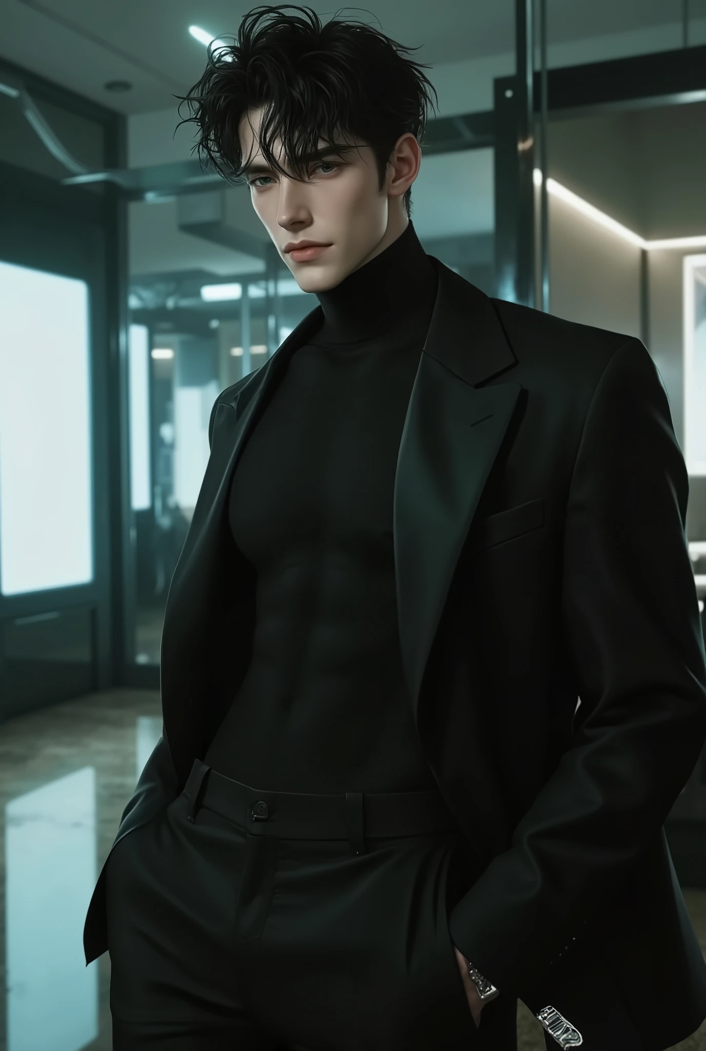 A full-body, ultra-realistic, hyper-detailed European male android, looking at the viewer. Futuristic elegance, a synthetic yet lifelike figure with an athletic, lean build. His flawless, fair synthetic skin mimics human texture with near-invisible seams at the joints, subtly catching light. His dark, slightly tousled hair frames a face of striking symmetry—sharp jawline, high cheekbones, piercing blue eyes engineered to replicate deep human emotion. His intense yet gentle gaze, well-defined lips, and intricate details suggest complexity beyond programming. Dressed in a sleek, form-fitting black turtleneck and tailored dark trousers, the futuristic matte fabric mimics high-end human clothing, flowing naturally with his movements. The ambient-lit, futuristic living space enhances his presence, a fusion of glass panels, metallic accents, and high-tech minimalism. Cinematic lighting casts gentle shadows, emphasizing his contours. The atmosphere is ethereal—captivating, almost unsettling in its perfect imitation of humanity. ((best quality, masterpiece, ultra-detailed, high resolution, deep lines, heavy strokes, cinematic, volumetric lighting, hyper-realistic, atmospheric, intricate composition, futuristic, neo-noir, cyberpunk aesthetics)). His refined, commanding presence exudes both elegance and a hauntingly human-like charm.