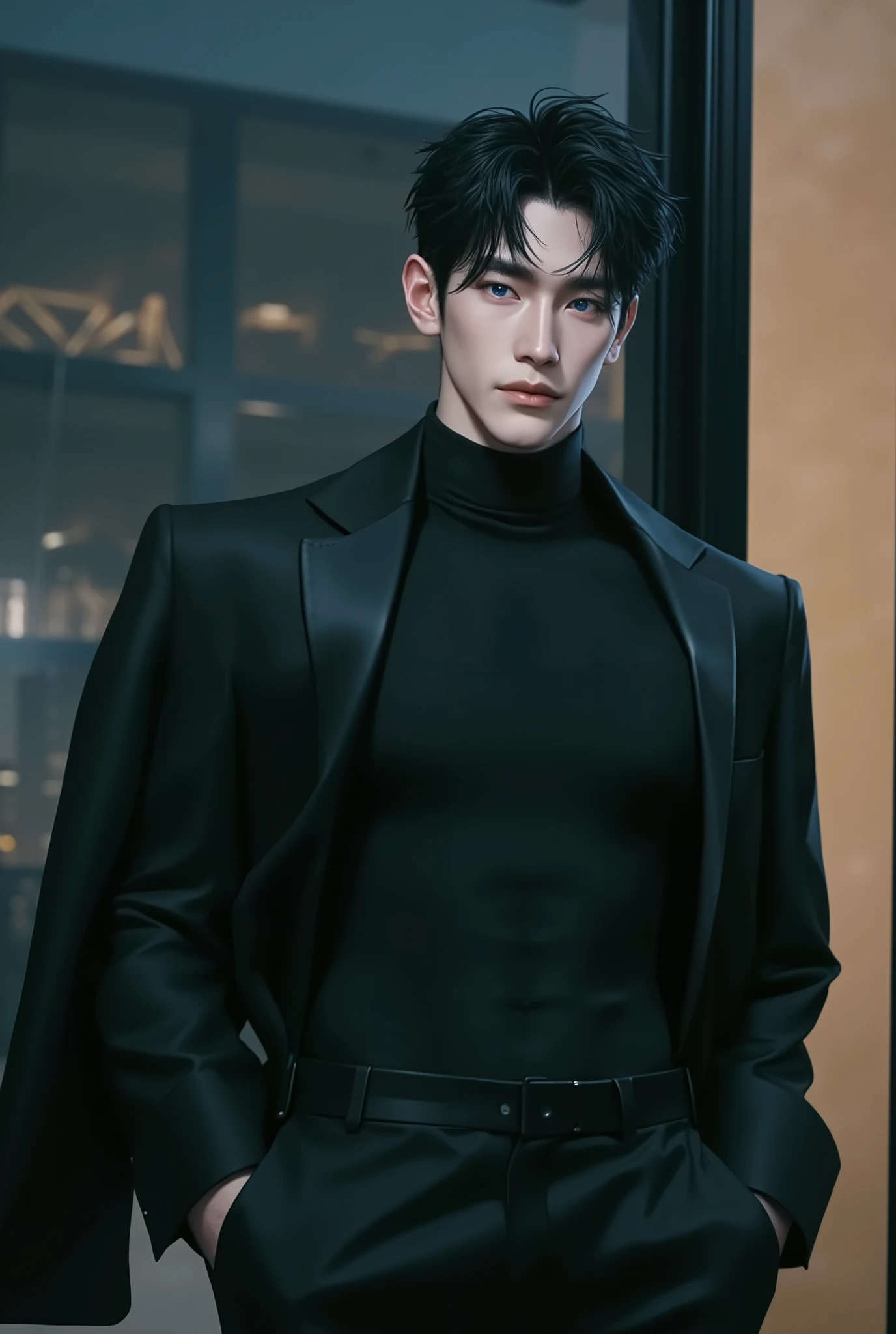 A full-body, ultra-realistic, hyper-detailed European male android, looking at the viewer. Futuristic elegance, a synthetic yet lifelike figure with an athletic, lean build. His flawless, fair synthetic skin mimics human texture with near-invisible seams at the joints, subtly catching light. His dark, slightly tousled hair frames a face of striking symmetry—sharp jawline, high cheekbones, piercing blue eyes engineered to replicate deep human emotion. His intense yet gentle gaze, well-defined lips, and intricate details suggest complexity beyond programming. Dressed in a sleek, form-fitting black turtleneck and tailored dark trousers, the futuristic matte fabric mimics high-end human clothing, flowing naturally with his movements. The ambient-lit, futuristic living space enhances his presence, a fusion of glass panels, metallic accents, and high-tech minimalism. Cinematic lighting casts gentle shadows, emphasizing his contours. The atmosphere is ethereal—captivating, almost unsettling in its perfect imitation of humanity. ((best quality, masterpiece, ultra-detailed, high resolution, deep lines, heavy strokes, cinematic, volumetric lighting, hyper-realistic, atmospheric, intricate composition, futuristic, neo-noir, cyberpunk aesthetics)). His refined, commanding presence exudes both elegance and a hauntingly human-like charm.