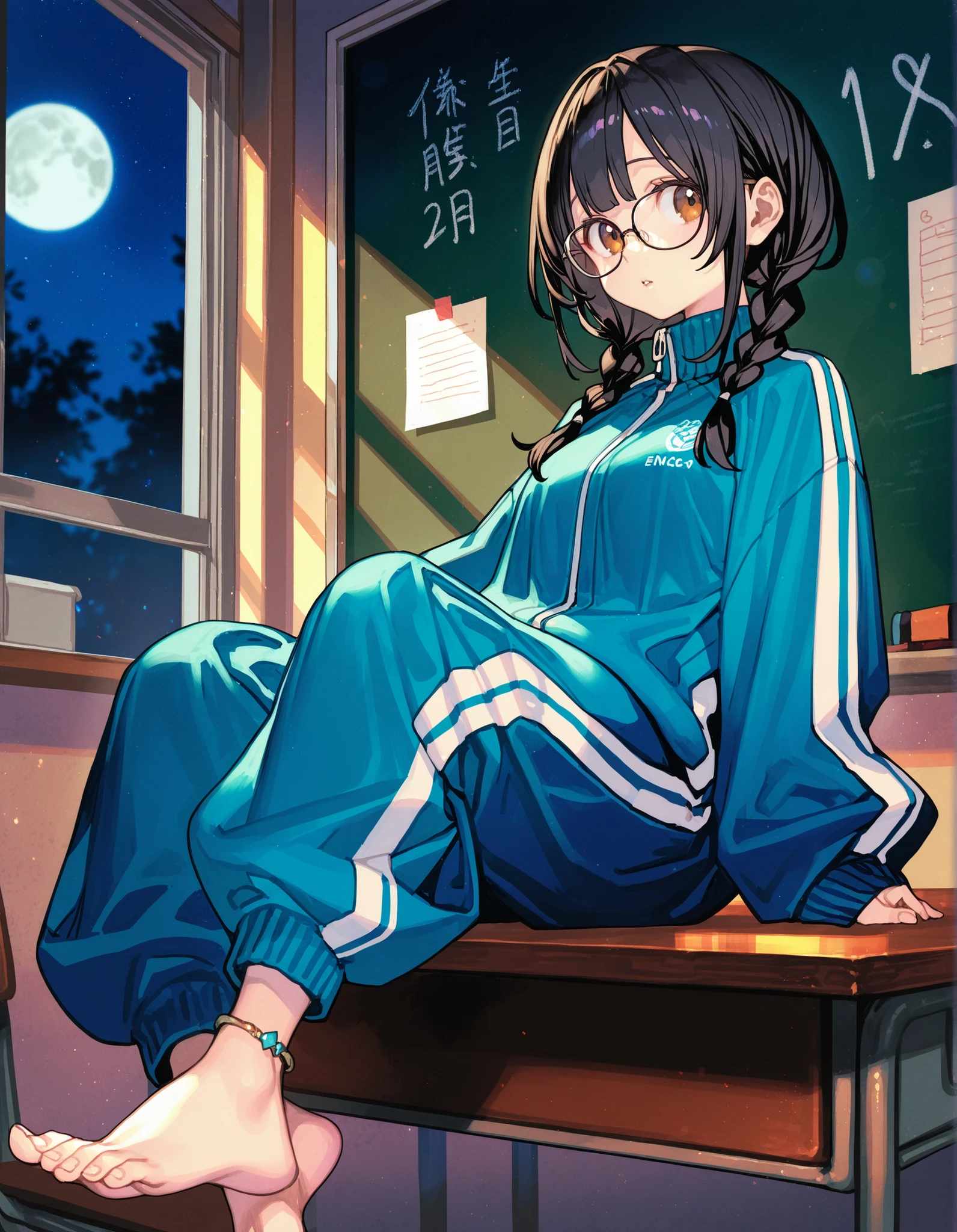 masterpiece, best quality, (hungry clicker:0.9),(enkyo yuuichirou:0.9),(lemon89h:0.4), 1girl,solo,black hair,baggy blue and white track suit,glasses,black hair,low twin braids,bangs,sidelocks, desk,sitting on desk,barefoot,anklet,chalkboard,window,night,moon,brown eyes,baggy clothes, baggy pants, feet,innocent,blurry eye,socks, sideways glance, looking at viewer,