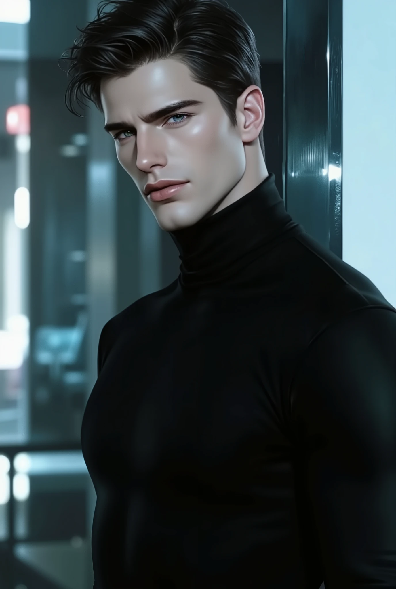 A full-body, ultra-realistic, hyper-detailed European male android, looking at the viewer. Futuristic elegance, a synthetic yet lifelike figure with an athletic, lean build. His flawless, fair synthetic skin mimics human texture with near-invisible seams at the joints, subtly catching light. His dark, slightly tousled hair frames a face of striking symmetry—sharp jawline, high cheekbones, piercing blue eyes engineered to replicate deep human emotion. His intense yet gentle gaze, well-defined lips, and intricate details suggest complexity beyond programming. Dressed in a sleek, form-fitting black turtleneck and tailored dark trousers, the futuristic matte fabric mimics high-end human clothing, flowing naturally with his movements. The ambient-lit, futuristic living space enhances his presence, a fusion of glass panels, metallic accents, and high-tech minimalism. Cinematic lighting casts gentle shadows, emphasizing his contours. The atmosphere is ethereal—captivating, almost unsettling in its perfect imitation of humanity. ((best quality, masterpiece, ultra-detailed, high resolution, deep lines, heavy strokes, cinematic, volumetric lighting, hyper-realistic, atmospheric, intricate composition, futuristic, neo-noir, cyberpunk aesthetics)). His refined, commanding presence exudes both elegance and a hauntingly human-like charm.