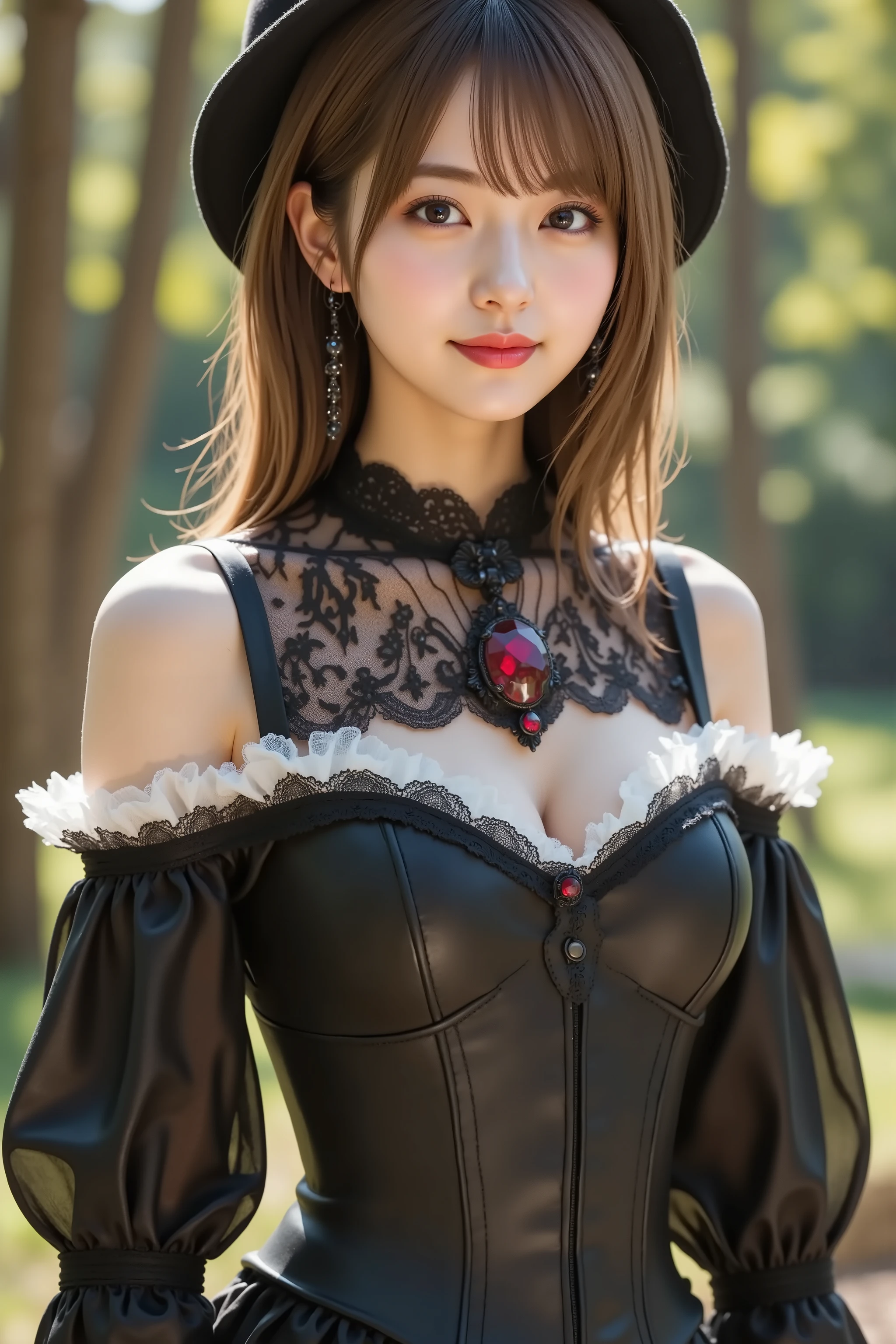 firm breast, by adjusting the framing so the subject's full head is visible within the composition, with the crop showing only from just above the bust to slightly above the top of the head. a highly detailed and realistic digital illustration of an elegant female character dressed in gothic fantasy attire, standing outdoors in a softly lit forest environment, by adjusting the framing so the subject’s full head is visible within the composition, with the crop showing only from just below the shoulders to slightly above the top of the head. Ensure there is a comfortable amount of background space above the head to establish spatial context. The focus is on her upper body clothing and natural background.

She is wearing a deep black, form-fitting gothic dress with ornate lace trim and corset-style stitching. The upper part of the outfit features an exposed lace-lined neckline with white ruffled fabric layered beneath, creating a dramatic contrast in texture and color. A dark leather bodice with black lace overlay shapes her torso, blending romantic and aristocratic styles.

Around her neck, she wears a high black lace choker, adorned with a large crimson gemstone pendant that rests just above her chest. The gemstone is reflective, adding depth to the design. Matching long drop earrings hang beside her face, contributing to the ornate aesthetic.

Her shoulders are covered by the upper part of the long-sleeved dress, which has a subtle sheen and structured seam lines. On her head is a black, semi-rigid hat with elegant embellishments that curves over her hair.

The background consists of a softly blurred forest, with tall trees and diffused natural light filtering through the foliage. The earthy tones and greenery contrast gently with the dark, elaborate fashion, enhancing the ethereal and fantasy-inspired atmosphere.

The composition merges high gothic design with natural outdoor softness, emphasizing textures, shapes, and an air of refined mystery.