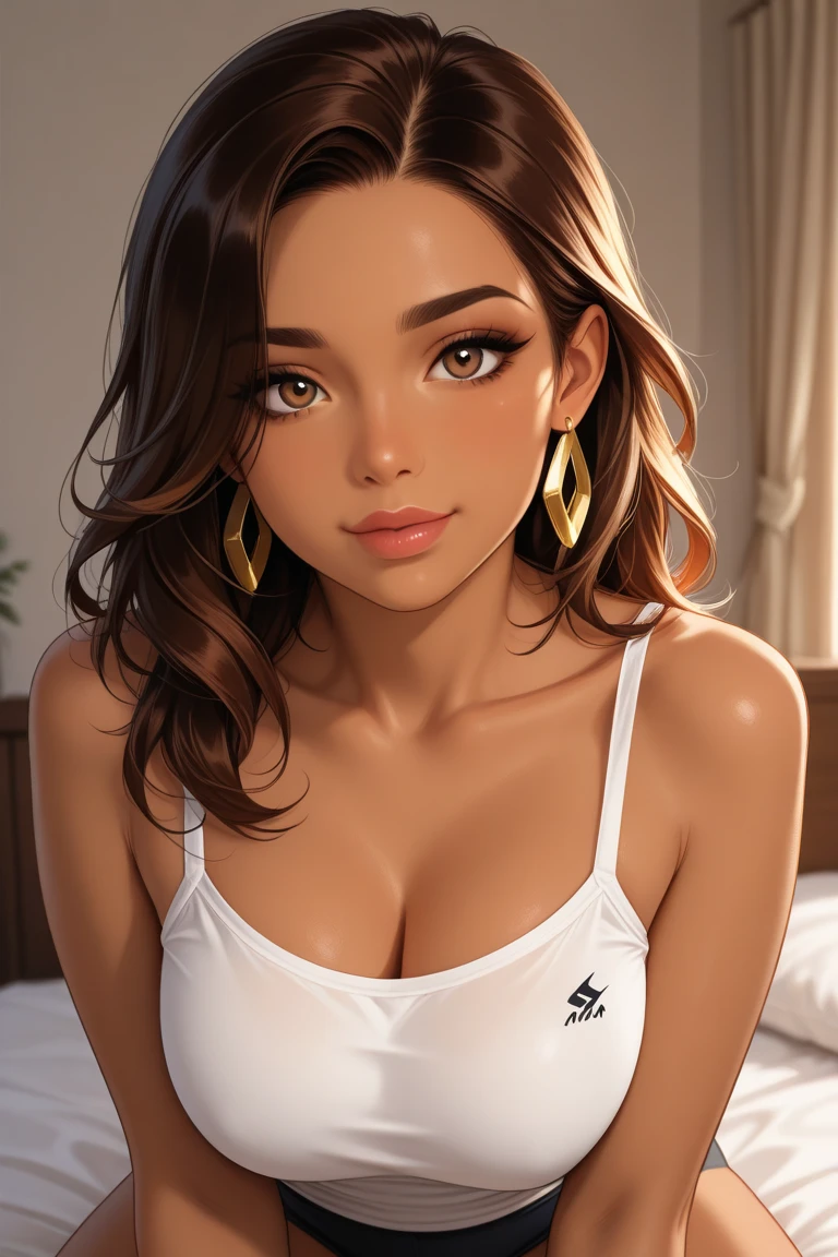 Tall hispanic woman with expressive hazel eyes and long wavy dark brown hair; warm olive skin; hourglass build; ("heart-shaped-face" with full lips); ample bosom; wearing casual clothes; best quality; trending on artstation; dark room with complex volumetric lighting; strong shadows; artistic lighting; dynamic; energetic vibe; realistic skin; specular highlights; micro-textures; highly detailed hair; cooking dinner at home in a high-tech kitchen