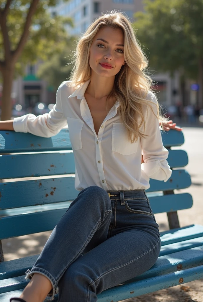 Blonde girl, blue jeans, pink shirt unbuttoned, pink heels, (Dittmann Anna:0.3), high detail, Elegant businesswoman, park, fountain,