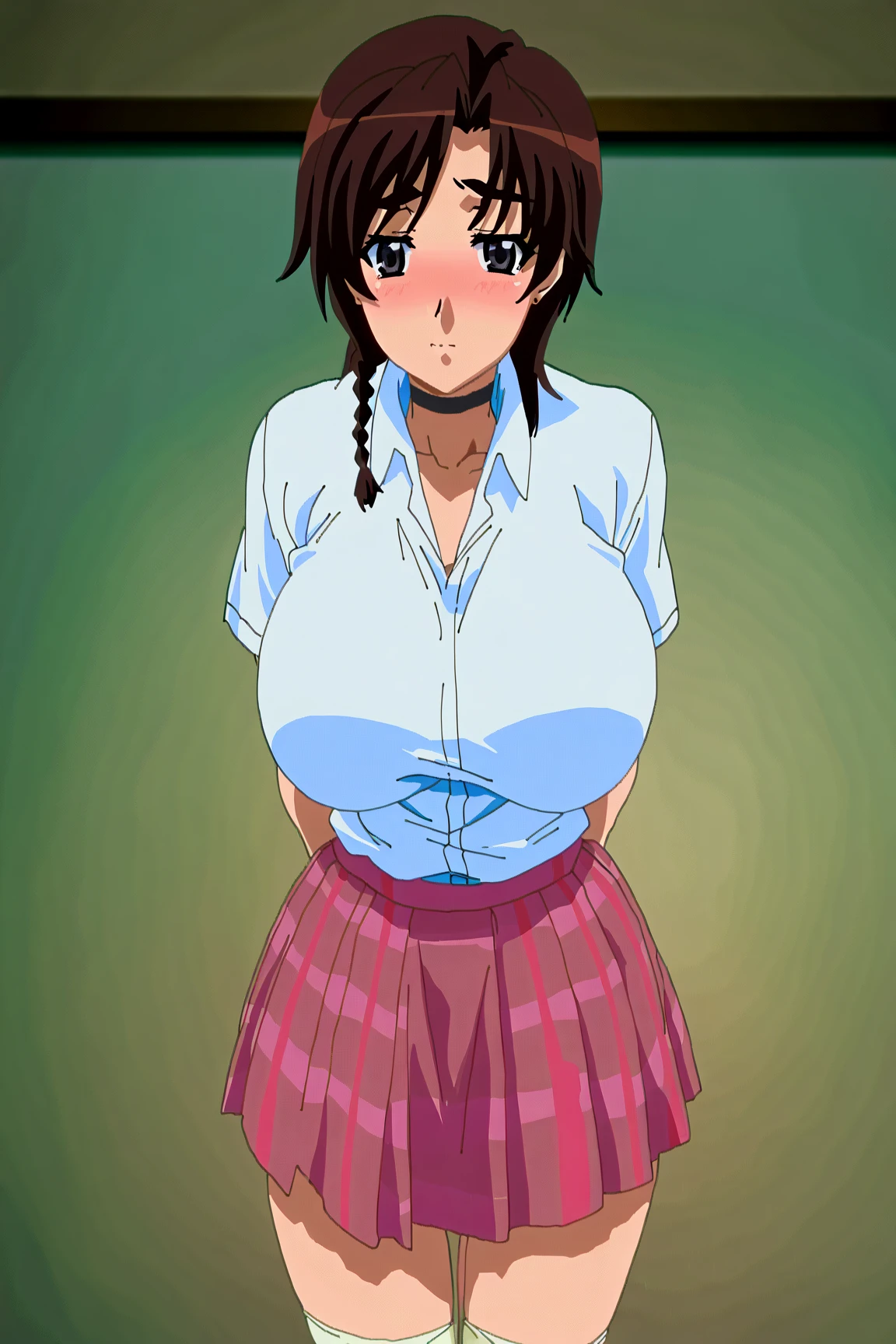portrait, sharp focus, soft lighting,  (highly detailed face), (highly detailed eyes), illustration, depth of field, haru1,  full body, outdoors, school, 1girl,solo,looking at viewer, blush, smile, ((large breast)), open mouth ,bangs, brown hair, shirt, hair ornament, bow,  brown eyes,  ,,white shirt ,ponytail ,short sleeves, :d,  hairclip, collared shirt, bowtie ,kneehighs, blue bow, ,black socks, ,grey skirt, brown shoes, loafers,, sweater vest.
