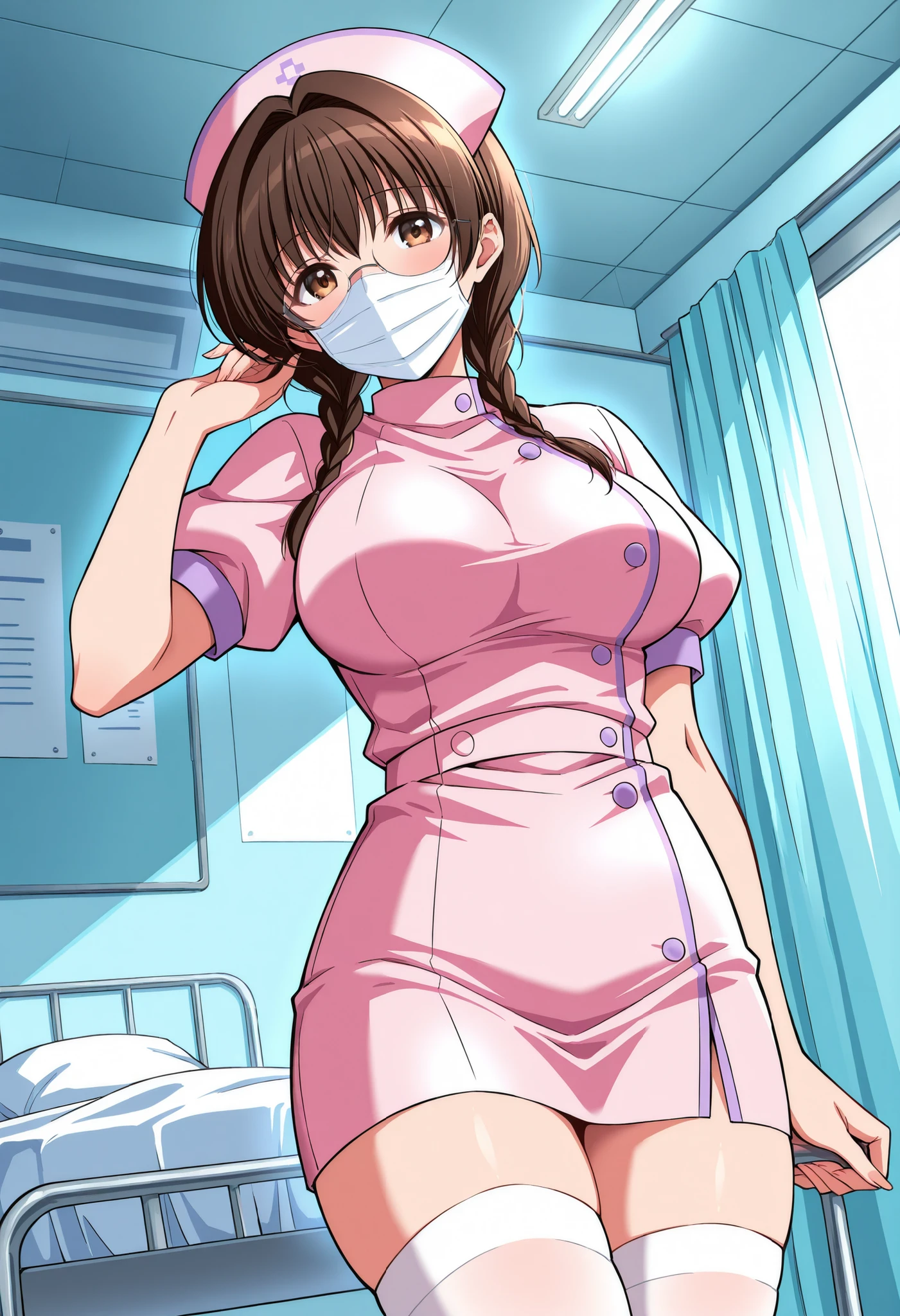 Score_9, score_8_up, score_7_up, source_anime, mizutani mai, solo, brown hair, short hair, twin braids, glasses, brown eyes, , (best quality), (high quality), {masterpiece}, extremely delicate and beautiful, ultra-detailed, beautiful detailed eyes, nurse, nurse cap, hat, pink headwear, white thighhighs, hospital room, ((white mask, mouth mask, covered nose)), standing