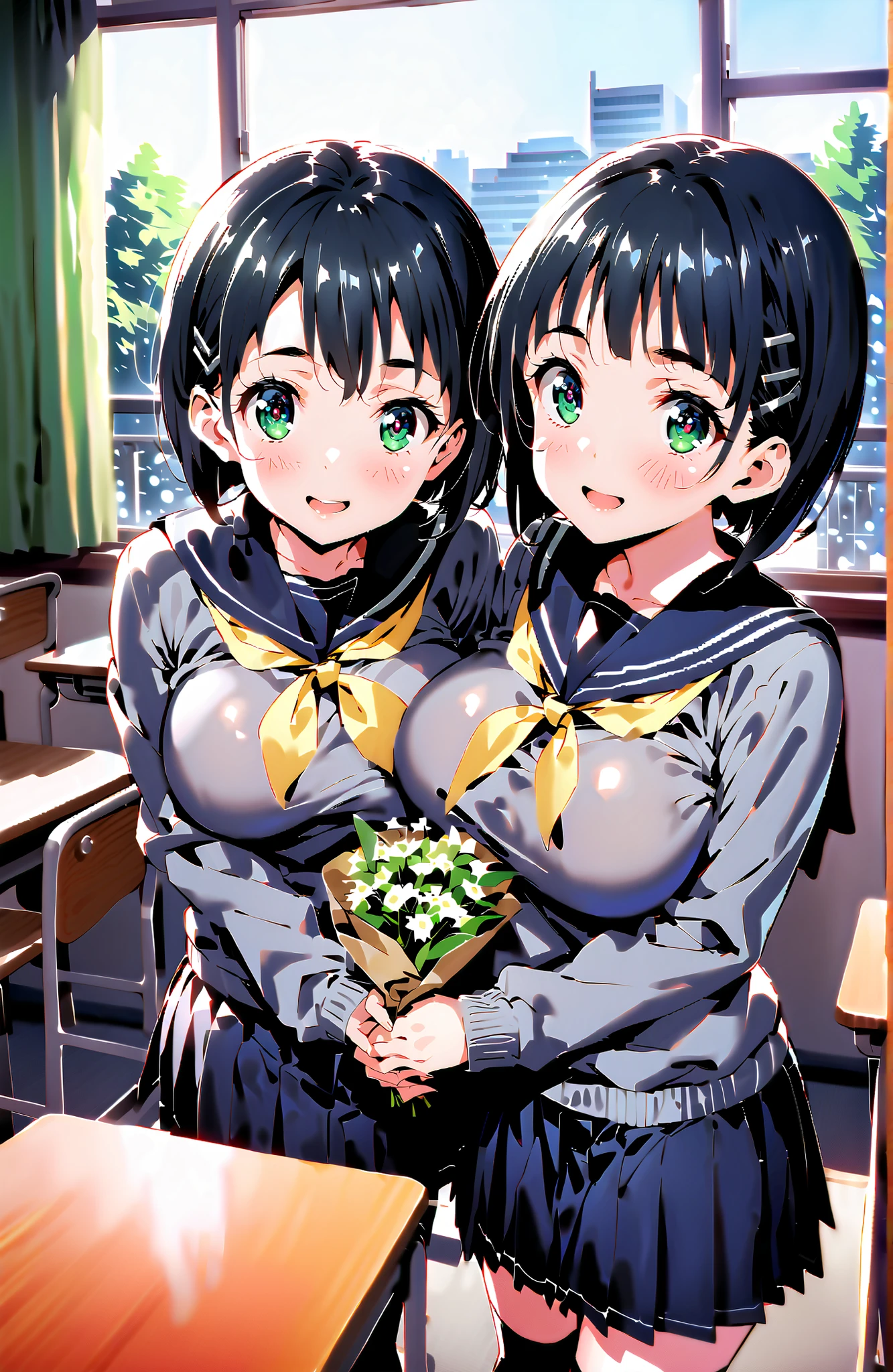 score_9, score_8_up, score_7_up, source_anime, Kirigaya Naoha , short hair, black hair, hair ornament, hair clip, green eyes,smile,blush,and open the mouth,Big Breasts,
school uniform, skirt for ears, pleated skirt for ears, sailor collar, black skirt for ears, Sailor Suit, long sleeve, neckerchief, (gray sweater, sweater:1.2), black sailor collar, yellow neckerchief, black high socks,Holding a bouquet of flowers with both hands, Flower blowing snow,machine,chairs,window,curtains, Beautiful Streetscapes,standing,break looking at viewer,full body,
break indoors,Classroom,
break (masterpiece:1.2), best quality, high resolution, Unity 8Kの壁紙, ( illustration :0.8), (beautiful detailed eyes:1.6), very detailed faces, perfect lighting, very detailed CG, (perfect hand in h, 完璧な解剖学),