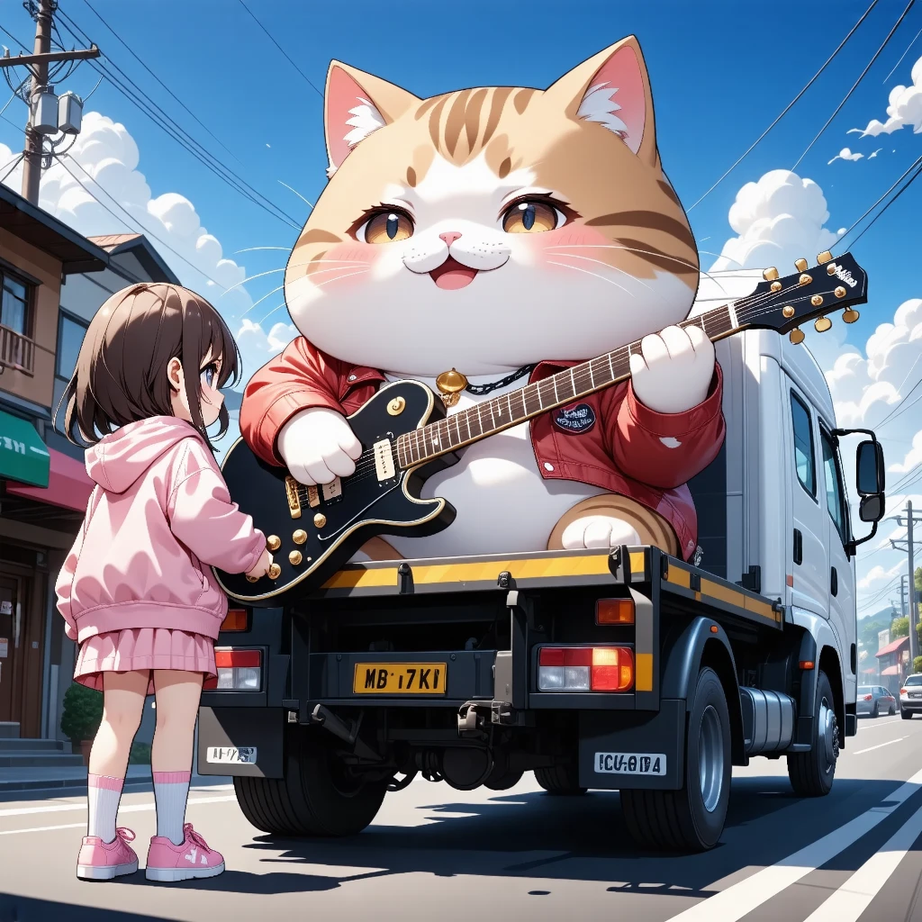 ultra detailed Animation, dramatic scene, shadow, perfect anatomy, accurate limb proportions, chibi girl\( Japanese famous young idol chibi girl, chibi, very beautiful with very cute face, large breasts, slim waist, wearing a casual outdoor wear with pastel colored nylon jacket, cat paw socks, hair accessories\), giant fat cat\( cute tabby cat, cute face, wearing a punk rock costume, hard rock guitarist, intricated pattern\), (the giant cat is playing the hard rock guitar on the large truck bed, a girl is looking at the giant fat cat playing the guitar on the truck, happy