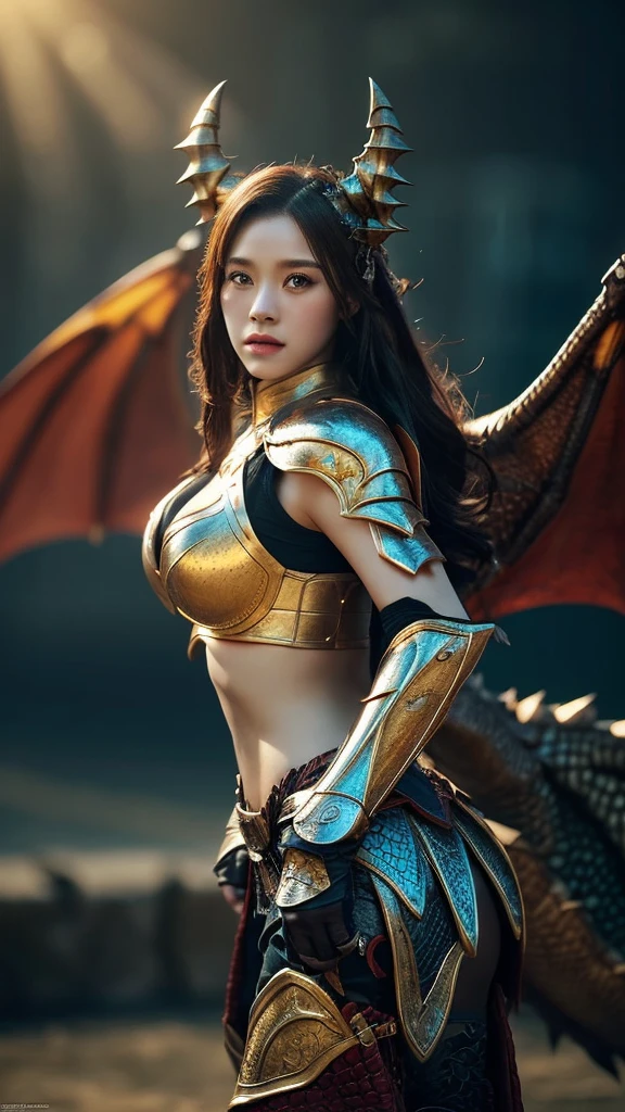 Professional , masterpiece、top-quality、photos realistic , depth of fields 、(Dragon Red Metal Body:1.9),(Enamel purple、(cleavage of the breast)、Mystical expression、Dragon Gold Weapon、(Red Micro Bikini Armor:1.4),Gorgeous gold weapons ,Particles of light、(( Dragon's dense and gorgeous sword)) , (demonic wings)、((a blond))、(Castle background)、((Gangle's forest background))、((Fight dragons))、Beautiful Caucasian beauty、1a person、dynamic ungle,(((Detailed and ornate dragon helmet)))、Smaller head、A smile、Castle background、Thin and beautiful female hands、cleavage of the breast、Soldier in iron armor on background、Mystical expression、Light Effects、intense fighting、Wind-effect、magic circles、With the legendary magic wand、Dragon's tail、explosions、Anatomically correct body、