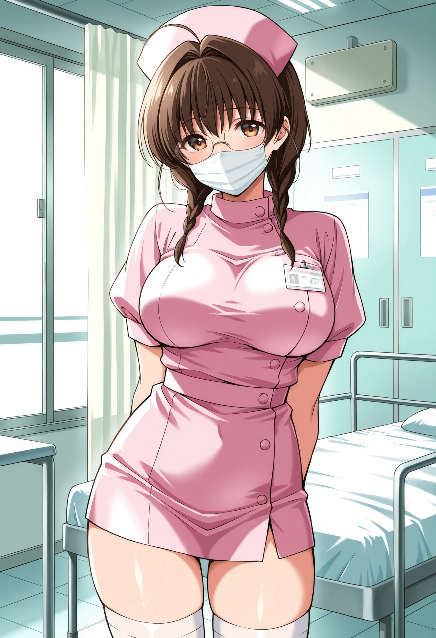 Score_9, score_8_up, score_7_up, source_anime, mizutani mai, solo, brown hair, short hair, twin braids, glasses, brown eyes, , (best quality), (high quality), {masterpiece}, extremely delicate and beautiful, ultra-detailed, beautiful detailed eyes, nurse, nurse cap, hat, pink headwear, white thighhighs, hospital room, ((white mask, mouth mask, covered nose)), standing