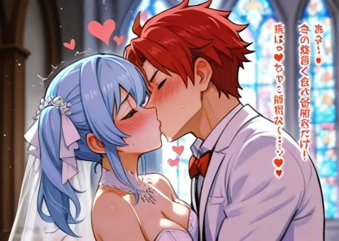 Girl with pink hair, long twin-tail hairstyle,((small bushy eyebrows)),, dressed in gothic wedding dress, lolita clothing, lolicon , (in a church full of people), flirtatious smile, suddenly having sex in public, ((squinted eyes, red cheeks and drooling)) hands on belly, force the groom to have sex at the altar, wearing a wedding dress, 1 boy crying behind her