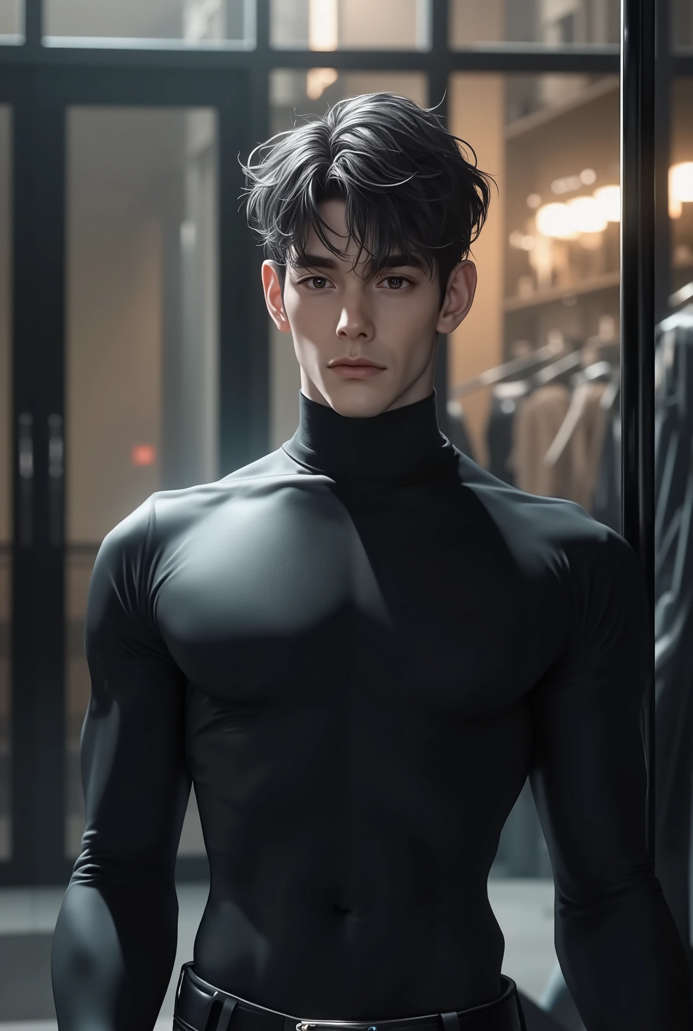 A full-body, ultra-realistic, hyper-detailed European male android, looking at the viewer. Futuristic elegance, a synthetic yet lifelike figure with an athletic, lean build. His flawless, fair synthetic skin mimics human texture with near-invisible seams at the joints, subtly catching light. His dark, slightly tousled hair frames a face of striking symmetry—sharp jawline, high cheekbones, piercing blue eyes engineered to replicate deep human emotion. His intense yet gentle gaze, well-defined lips, and intricate details suggest complexity beyond programming. Dressed in a sleek, form-fitting black turtleneck and tailored dark trousers, the futuristic matte fabric mimics high-end human clothing, flowing naturally with his movements. The ambient-lit, futuristic living space enhances his presence, a fusion of glass panels, metallic accents, and high-tech minimalism. Cinematic lighting casts gentle shadows, emphasizing his contours. The atmosphere is ethereal—captivating, almost unsettling in its perfect imitation of humanity. ((best quality, masterpiece, ultra-detailed, high resolution, deep lines, heavy strokes, cinematic, volumetric lighting, hyper-realistic, atmospheric, intricate composition, futuristic, neo-noir, cyberpunk aesthetics)). His refined, commanding presence exudes both elegance and a hauntingly human-like charm.