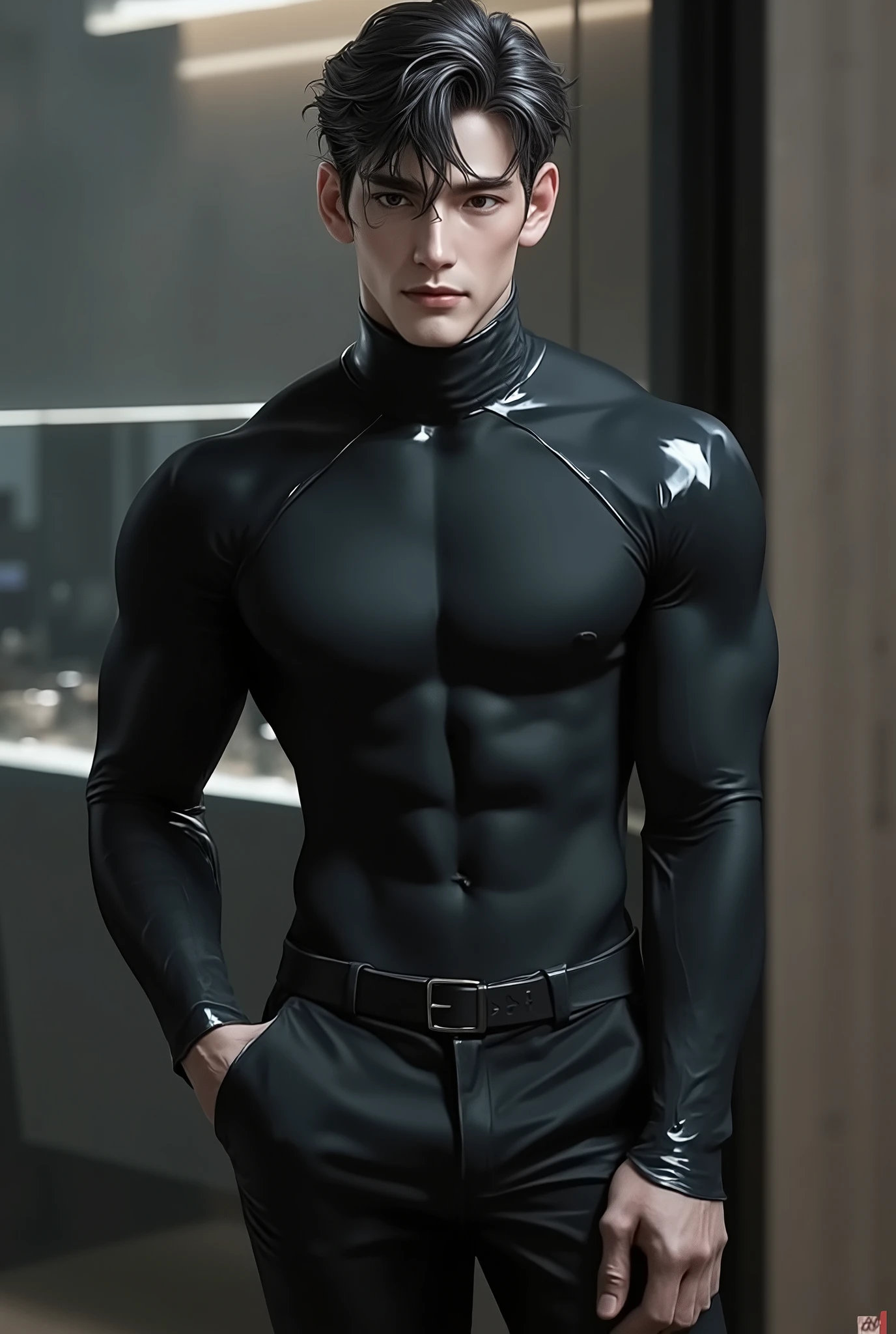 A full-body, ultra-realistic, hyper-detailed European male android, looking at the viewer. Futuristic elegance, a synthetic yet lifelike figure with an athletic, lean build. His flawless, fair synthetic skin mimics human texture with near-invisible seams at the joints, subtly catching light. His dark, slightly tousled hair frames a face of striking symmetry—sharp jawline, high cheekbones, piercing blue eyes engineered to replicate deep human emotion. His intense yet gentle gaze, well-defined lips, and intricate details suggest complexity beyond programming. Dressed in a sleek, form-fitting black turtleneck and tailored dark trousers, the futuristic matte fabric mimics high-end human clothing, flowing naturally with his movements. The ambient-lit, futuristic living space enhances his presence, a fusion of glass panels, metallic accents, and high-tech minimalism. Cinematic lighting casts gentle shadows, emphasizing his contours. The atmosphere is ethereal—captivating, almost unsettling in its perfect imitation of humanity. ((best quality, masterpiece, ultra-detailed, high resolution, deep lines, heavy strokes, cinematic, volumetric lighting, hyper-realistic, atmospheric, intricate composition, futuristic, neo-noir, cyberpunk aesthetics)). His refined, commanding presence exudes both elegance and a hauntingly human-like charm.