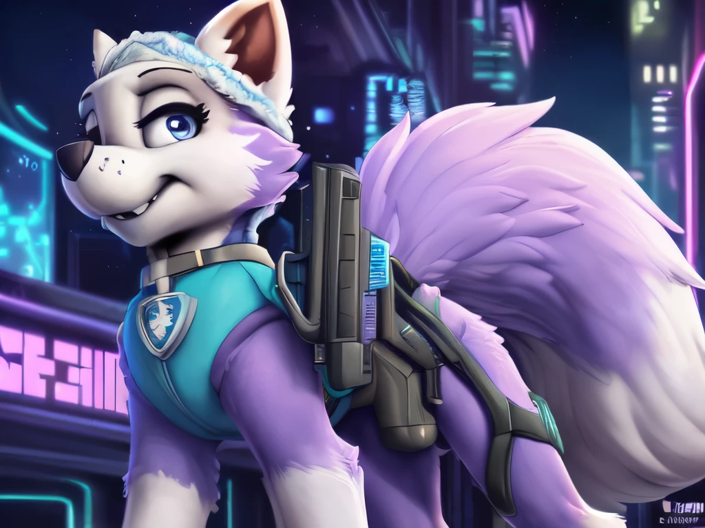 Everest, ((Paw Patrol)), ((female solo)), domestic dog, female, adult female, blue eyes, (((purple fur)), ((purple body)), (wearing Paw Patrol gear:1.25), (wearing Paw Patrol bagpack:1.45), (wearing a gun holster:1.95), (feral:1.25), (quadruped:2.25), ((wearing aqua winter hat)), ((sharp teeths)), ((large fangs)), blue eyes, (Shiny eyes:1.6), ((Pixar eyes)), perfect eyes, ((glowing eyes)), (hyper realistic:1.65), long fluffy tail, very large tail, tail up, very furry and fluffy, ((very large fangs)), smiling, perfect ligthing, (Cyberpunk city background:1.25), ((many hearts all over the screen)), (back side view:1.45), looking at Viewer, ((seductive break)), ((spread legs)), spread legs, (rajii:1.1) (dimwitdog:1.1), (thesecretcave:1.25), (cooliehigh:1.1), (miles-df:1.1), (complextree:1.1), (pixelsketcher:1.1), (foxovh:1.1), (zaush:1.1), (avante92:0.70), (meesh:1.1), (inu-sama:0.80), (cervina7:1.1), (F-R95:0.70), (R-mk:1.1), (xpray:1.1), (standing tall:1.65), (large fluffy tail:1.65), (close up to face:1.25), (mischievous expression:1.95), (galaxy eyes:1.25)