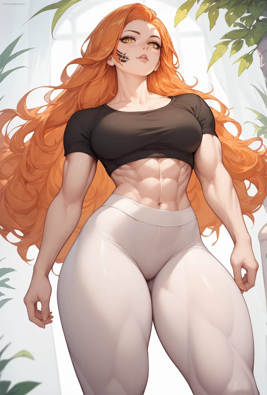 (masterpiece, best quality:1.3), JUGGERTUUL, 1girl, solo, looking at viewer, wide hips, mature female, simple background, closed mouth, seductive smile, large breasts, full body, cowboy shot, thick thighs,  <lora:JUGGERTUUL Style Lora:1>, sitting, fuuma kotarou, yellow eyes, obliques, black pants, black halterneck, bare shoulders, underboob, revealing clothes, face mark, body mark, long hair, orange hair, muscular female, abs  <lora:fuuma_kotarou:.8>
