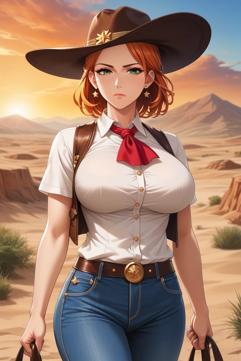 (((NSFW:1.5))),(((Nude:1.5))),score_9, score_8_superior, score_7_superior, とてもbeautiful, sauce_anime, detailed, high quality, beautiful, masterpiece, detailed eyes, White monochrome landscape,((Crying face:1.2)) Hat Adjustment, Sad face, Redhead, ponytail, blue eyes, freckles, Side Lock, watch, Gun belt with holster and cowboy hat,short boots, PDXL ,Full Body Shot
