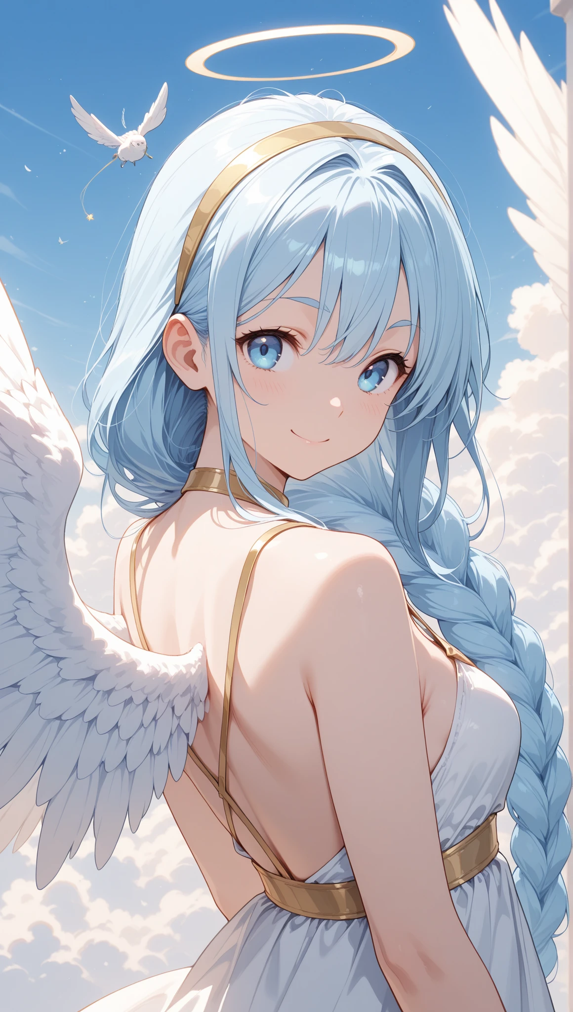 Watercolor textures used, fine and delicate lines, dynamic and clever artistic composition, beautiful girl angel with open arms and happy, moe anime touch, long eyelashes and big round shiny attractive eyes, translucent soft glowing angel wings, fluffy sparkling hearts flying around, fluffy sparkling blue light fantastic, cute, fantastic, gentle, healing, love, top quality, top image quality, best detail, ultra fine rendering