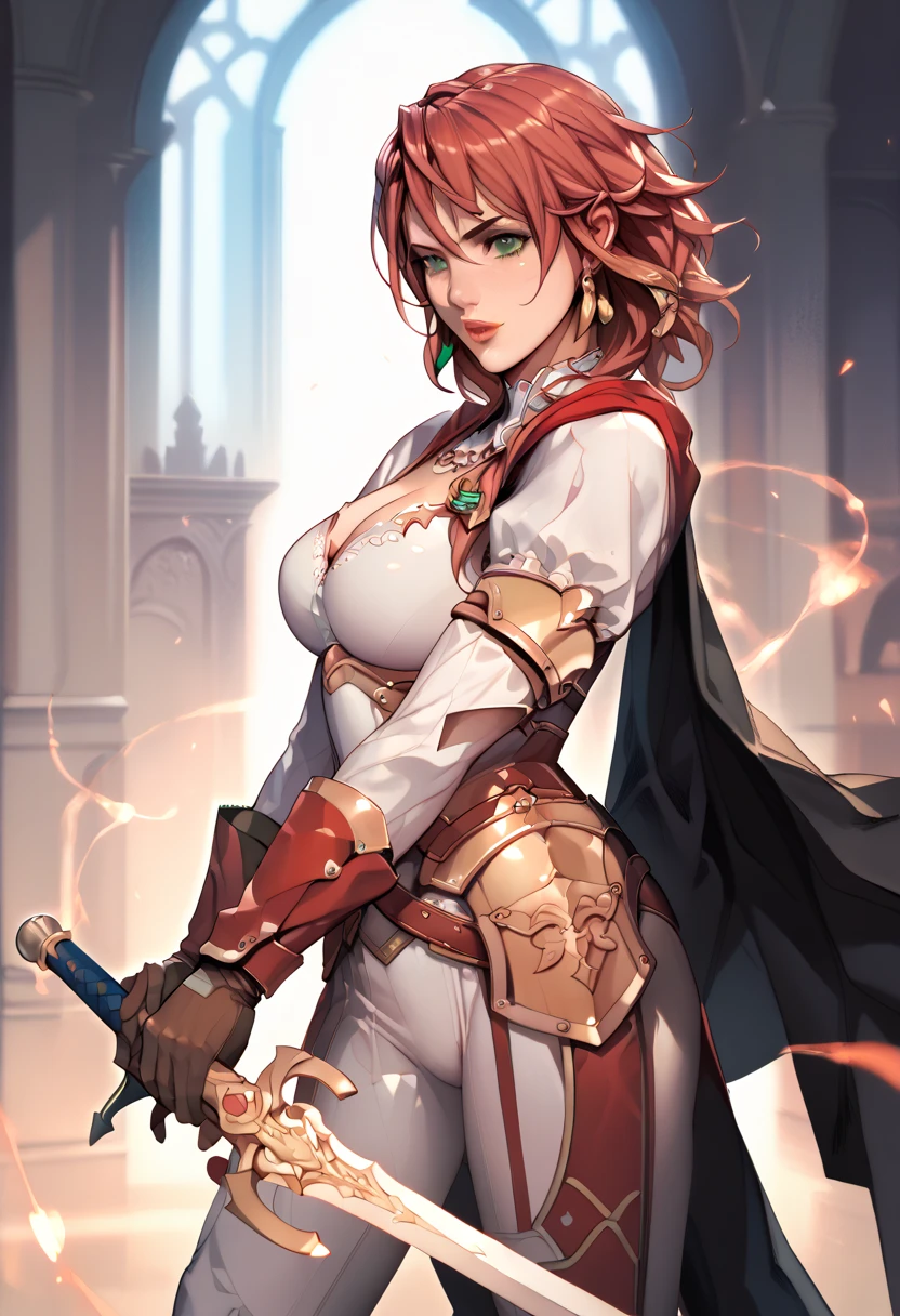 (watercolor: 1.2), warrior, bangs, redhead, short hair, green eyes, hair between eyes, blurred background, high resolution, large breasts, full body, fantasy, medieval --auto --s2