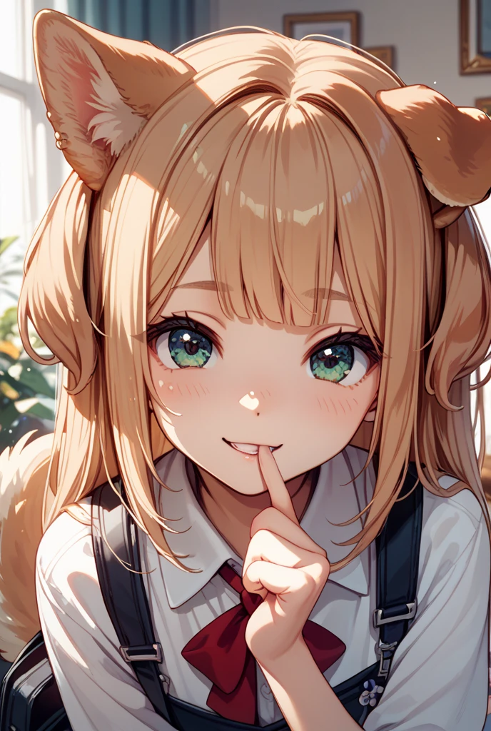 Snow Leopard Girl,Pink Eyes,Yellow long hair,Beige leopard ears,Beige leopard tail,Black leopard print,Beige leopard fur,,,Flower Hairpin,Beaded Bracelets,classroom,morning,White sunlight,View your viewers,smile,Excited face,Apply blush all over the face,whole body,whole body毛むくじゃら,Completely naked,Naked,Naked,Completely nakedのまま,