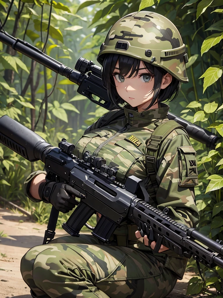 masterpiece, highest quality, One girl, army, A seductive smile, Camouflage helmet, Bob Hair, Squat, Outdoor, camo jacket, gloves, army boots, From below, Feet Focus, Spread your legs, m16a1, Have a weapon,Black lace,,T-Shirts,Tank top,