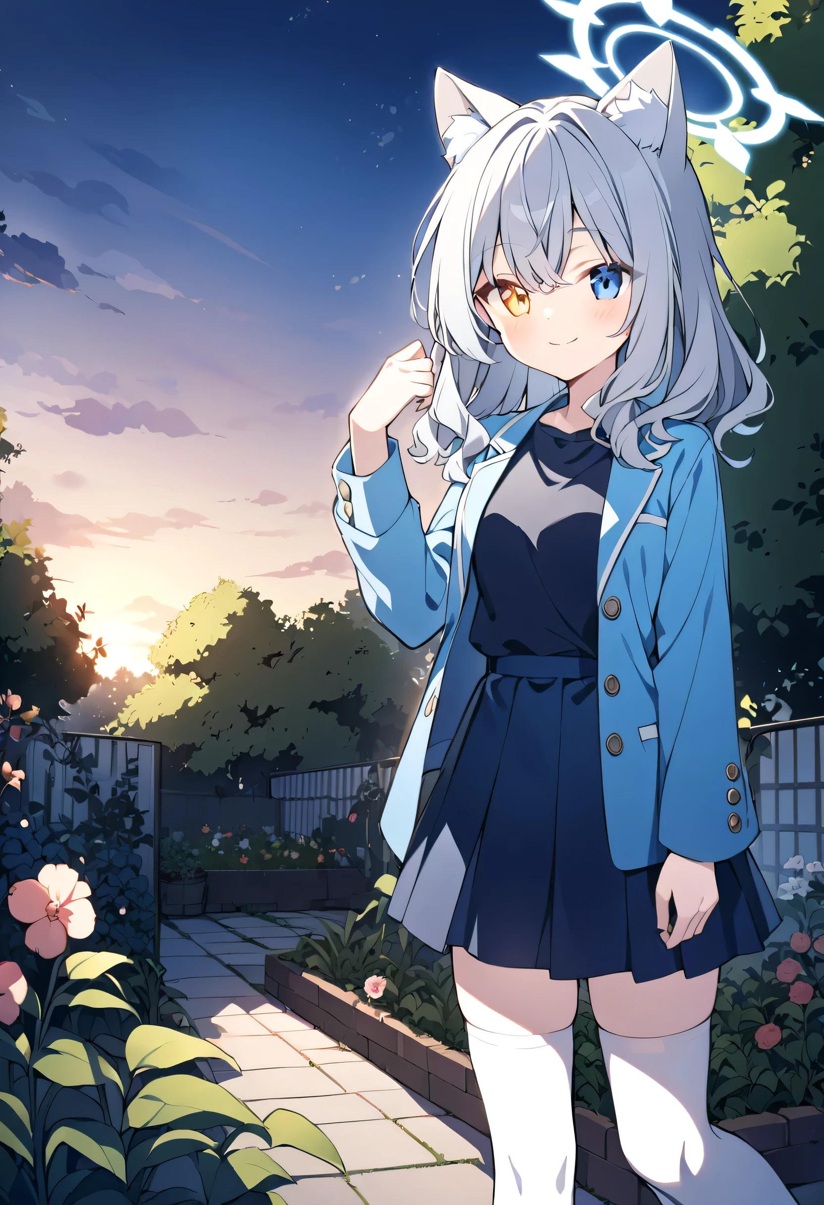 hair,Silver Hair, girl,Light blue halo,Cat ears,alone,Heterochromia(Left blue right yellow),dark blue inner shirt, light blue jacket,Dark blue skirt,white stockings,garden,evening,Smile