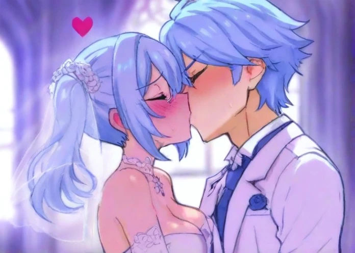 NSFW,masterpiece,Highest quality,High resolution,Super detailed,Star Town Suisei\(Hololive\),Blue Hair,One Side Ponytail,Blue Eyes,Small breasts,(High-quality see-through dress,silk),Estrus,smile,blush,(Sweat),Luxurious Room,Party Venue,chandelier,(Middle-aged men),A man puts his hands on her waist and hugs her,Having sex,Insert,Creampie,heart,Being spoiled,Physical contact,Deep Kiss