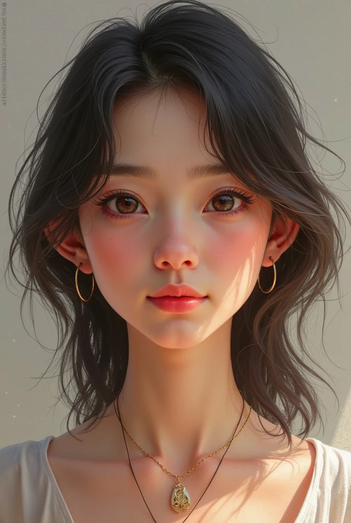 make a beautiful indonesian teen girl 15 years old with short wavy dark hair long face big brown round eyes small pale full choppy lips short straight thick eyelashes thick angeled eyebrows short crooked teeth cold pale skintone