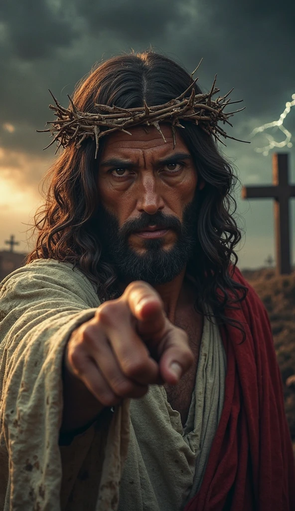 A dramatic and realistic portrait of Jesus Christ in the foreground ...