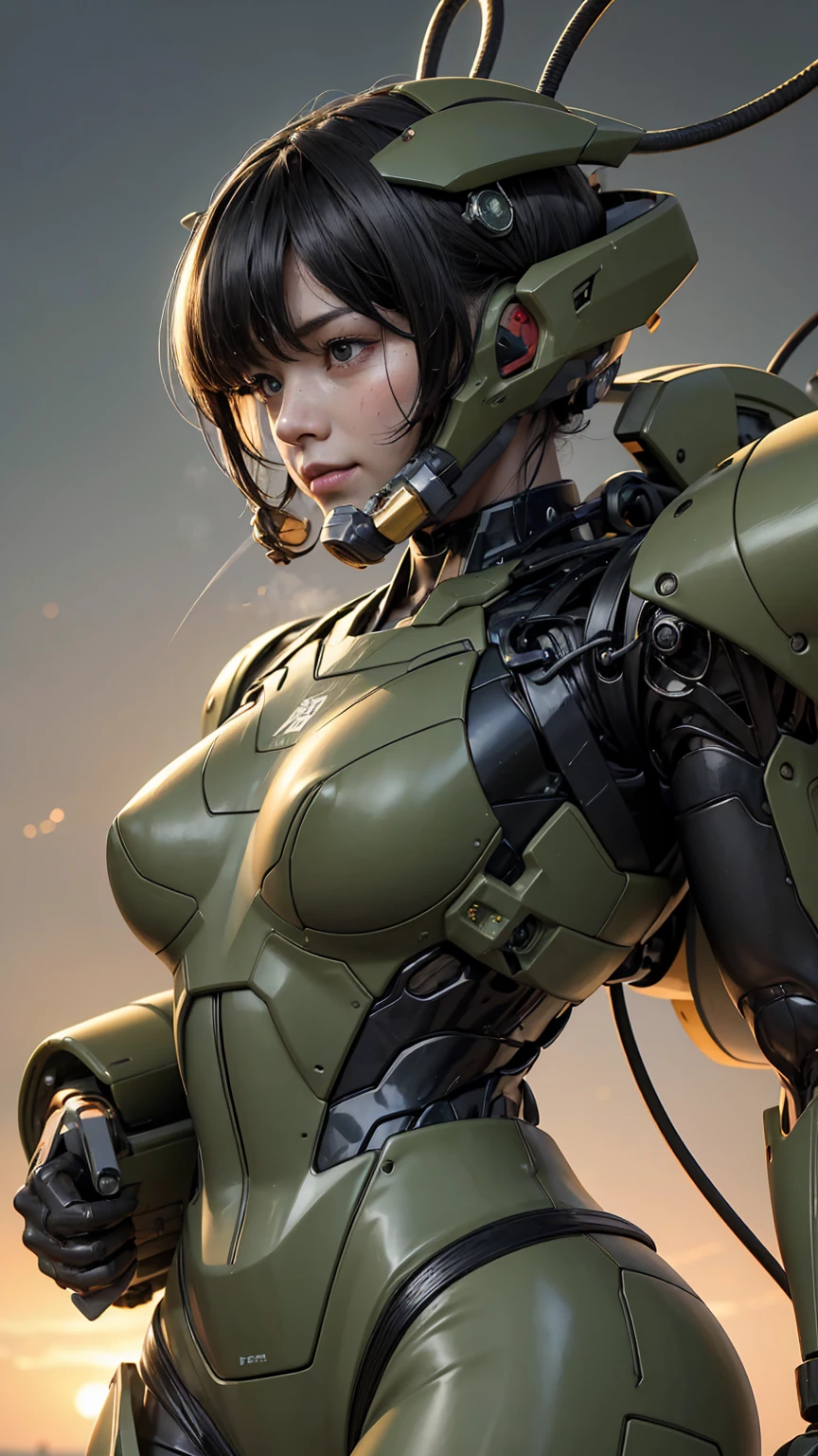 Textured skin, Very detailed, Attention to detail, high quality, 最high quality, High resolution, 1080P, hard disk, beautiful,(War Machine),beautifulサイボーグ女性,Dark Green Mecha Cyborg Girl,Fight,Girl with a mechanical body,、Plain junior high school girl　Sweaty brown eyes、Sweaty face、　blush　cute　Black-haired　((Steam coming out of my head)) (Steam coming out of the whole body) Cool pose　Rear view　Full Face Headgear