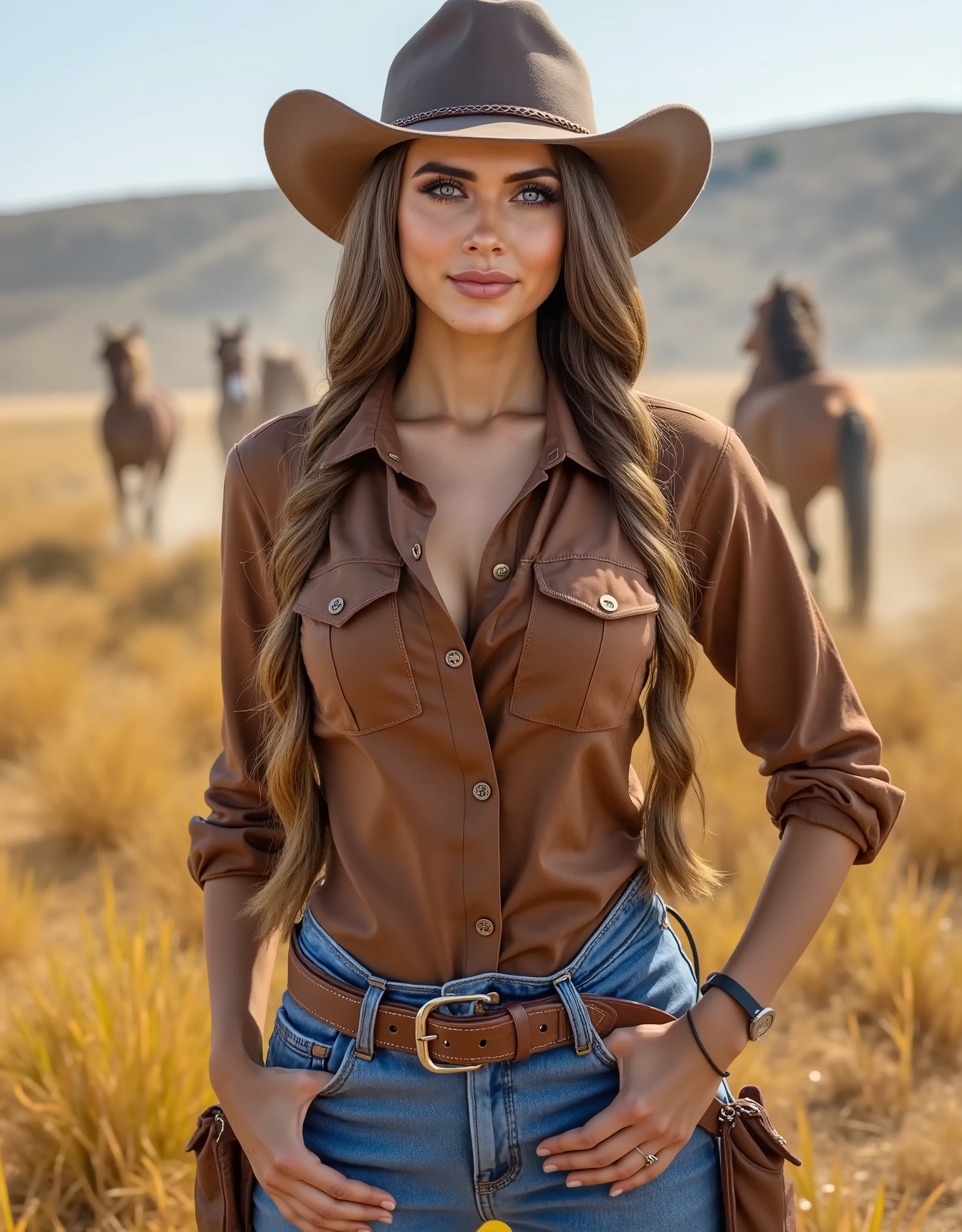 cowgirl wearing a brown rough leather western shirt, blue jeans with leather chaps and a hat standing in a rye field with horses galloping in the background
