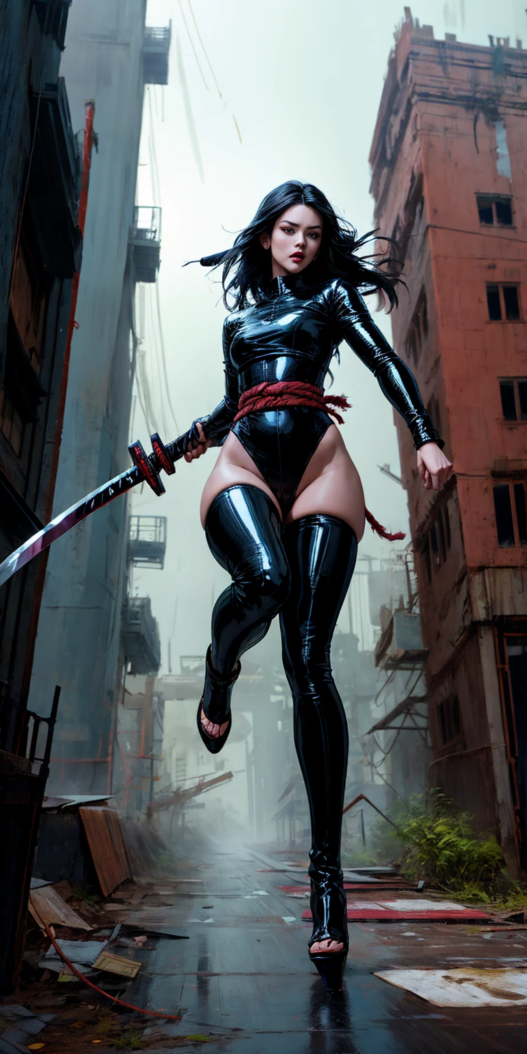 Prisoner of war, ninja, ponytail, black mask, big breasts, torn clothes, , ,sexy,semi naked,cloth wrapped around chest, restraint, angry, slanted eyes, rope, full body wet, wet crotch, wet thighs, watery eyes , shy, masterpiece, best quality,tall body, seductive body