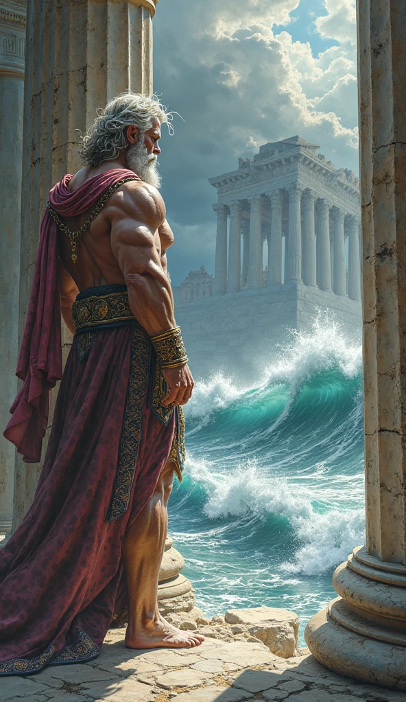 A scenario where the god Poseidon and the god Chaac are fighting during a category 5 hurricane in a destroyed city while people flee