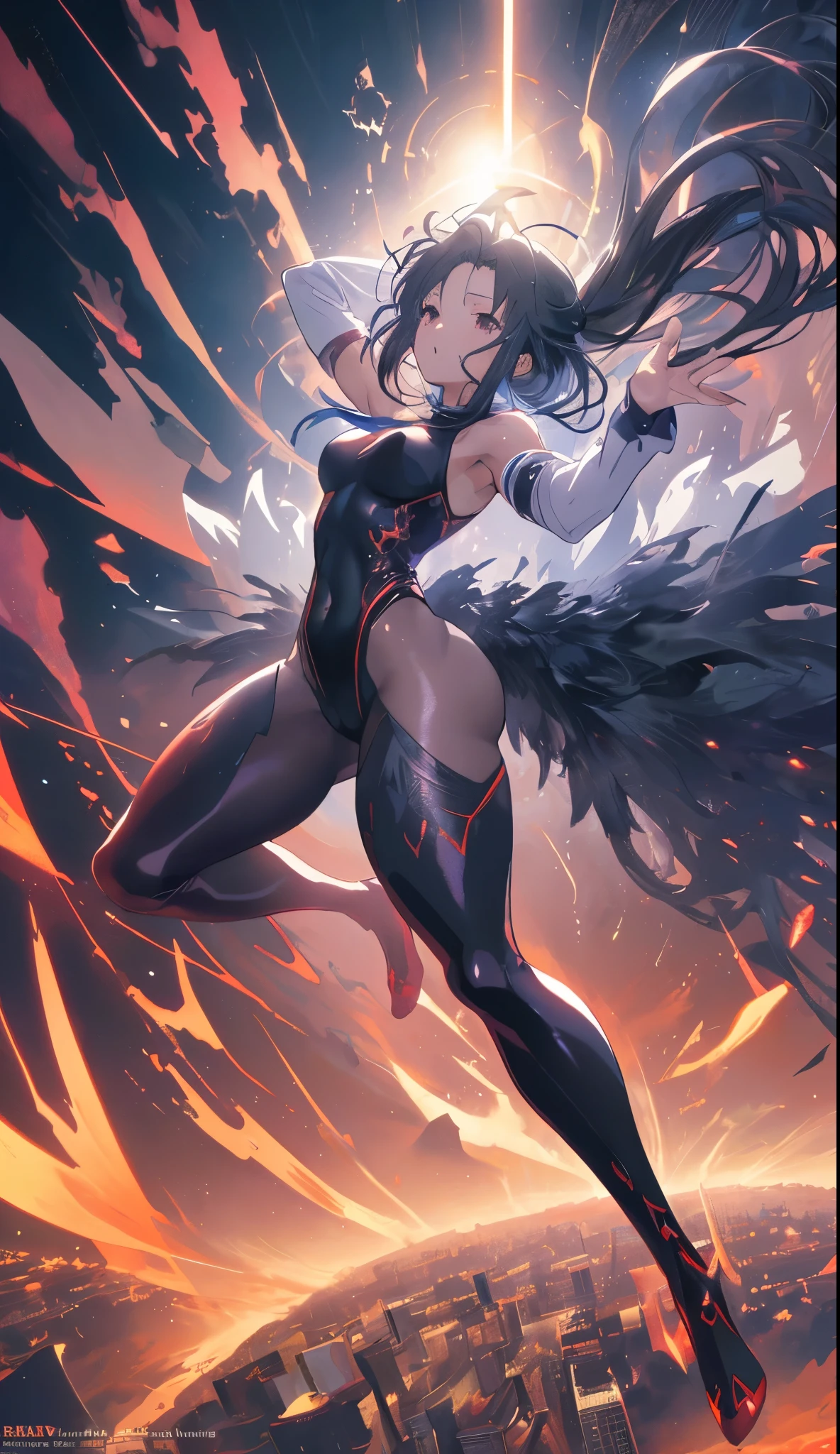  (RAW photo, best quality), (anime, style anime: 1.3), best quality, highly detailed, dancing, flying, panorama, vista, floating, levitating, dynamic pose, masterpiece, super detailed, illustration, 1 girl, full body, thicc coxas, seios medios largos, upper_body, dynamic angle, world masterpiece theater, messy_long_hair, best quality, extremely detailed CG Unity 8k wallpaper, ink, amazing, cinematic lighting, lens_ flare，surreal_style，