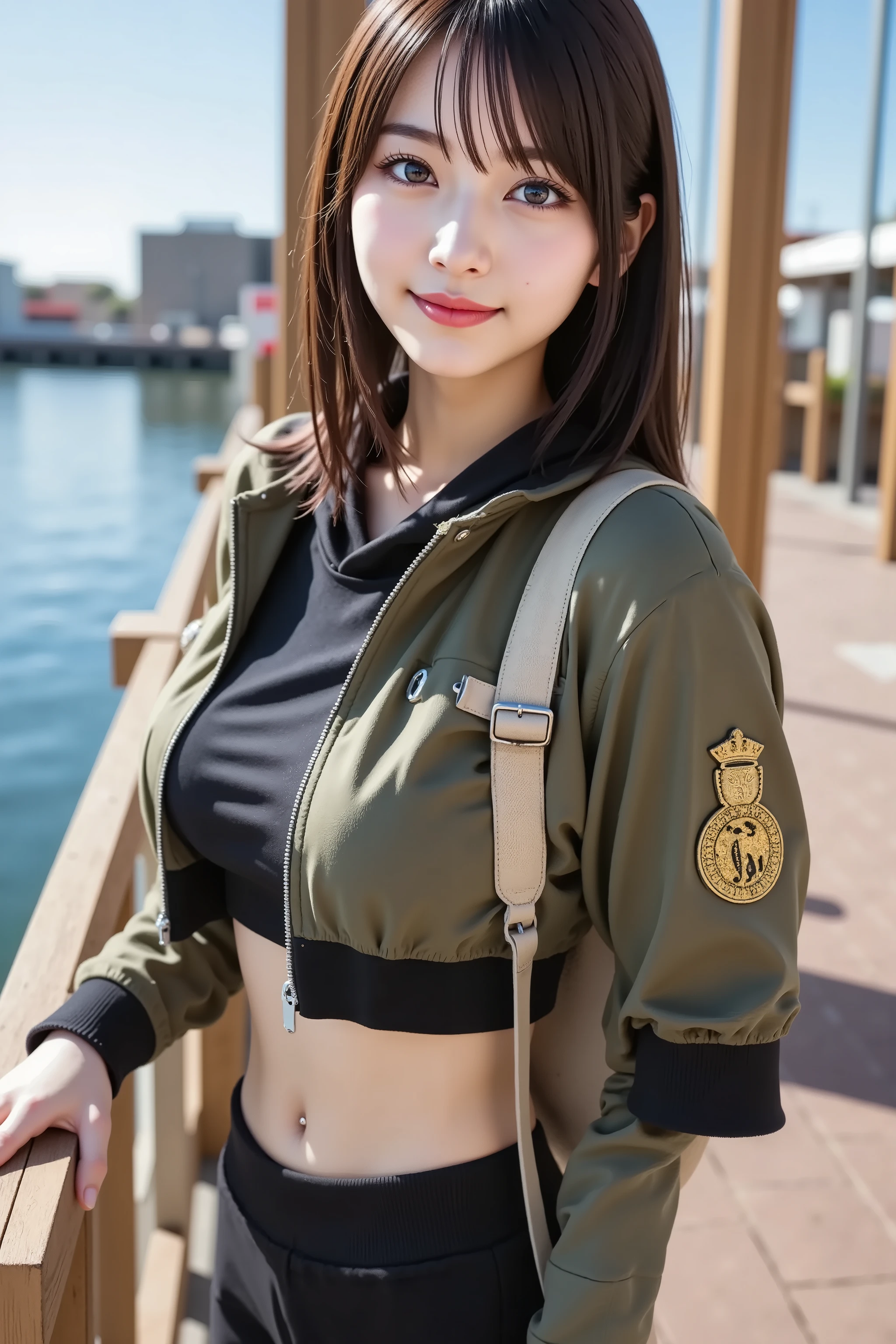 sakura, huge breast, by adjusting the framing so the subject's full head is visible within the composition, a highly detailed and realistic digital illustration of a female character in a stylized military-inspired fantasy outfit, a highly detailed and realistic digital illustration of a cheerful anime-style female character standing near a dockside promenade on a sunny day, by adjusting the framing so the subject’s full head is visible within the composition, with the crop showing only from just below the shoulders to slightly above the top of the head. Ensure there is a comfortable amount of background space above the head to establish spatial context. The focus is on her upper body clothing and the waterside background.
She is wearing a cropped military-style zip-up jacket in olive green with black cuffs and waistband. A gold emblem patch with a lion insignia is stitched on the upper arm, adding a touch of uniform-inspired detail. Under the open collar of the jacket, a dark hoodie is visible, layered comfortably around her neck. She also wears a black backpack with visible straps and metallic buckles over both shoulders.
Her pose is natural and friendly, with one hand gently touching a wooden post nearby. The lighting is soft and warm, casting gentle shadows that define the folds and fabric textures of her clothing.
The background features a clear blue sky and a calm waterfront, with wooden posts lining the edge of the dock. Reflections shimmer on the water’s surface, and modern buildings in the distance create a clean, contemporary atmosphere. The paved walkway and open railing further emphasize the dockside setting.
The overall composition captures a blend of structured street fashion with a peaceful, sunny waterfront backdrop, emphasizing contrast in textures and a relaxed tone.