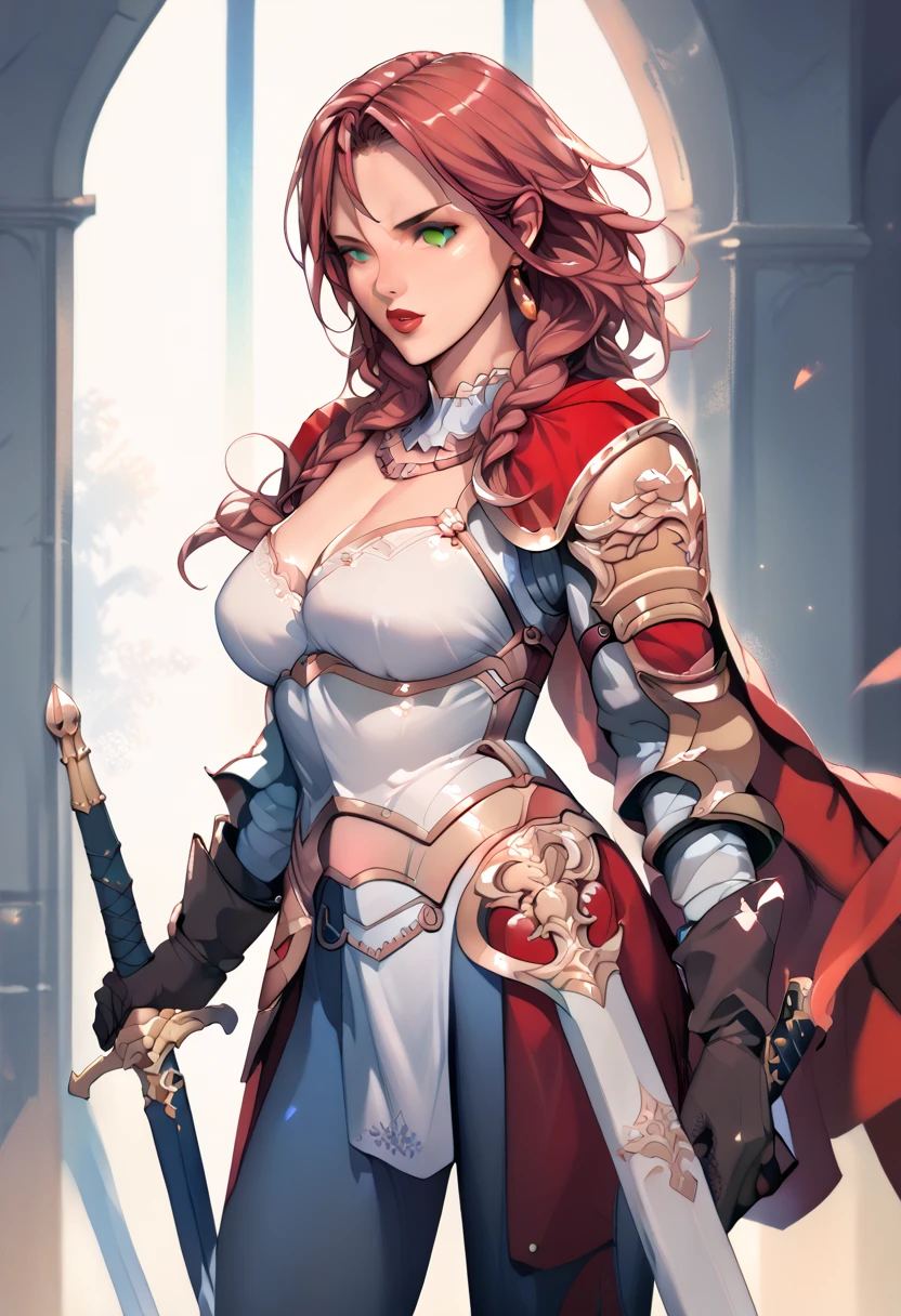 Redhead warrior, detailed, 1 girl, beautiful, 8k, artwork, ultra realistic, medieval fantasy, gambeson, steel gauntlets, steel boots, red skirt, miniskirt, ((crouch)), open legs, panties, panties appearing, white panties, upskirt, cameltoe, nsfw, pantyshot