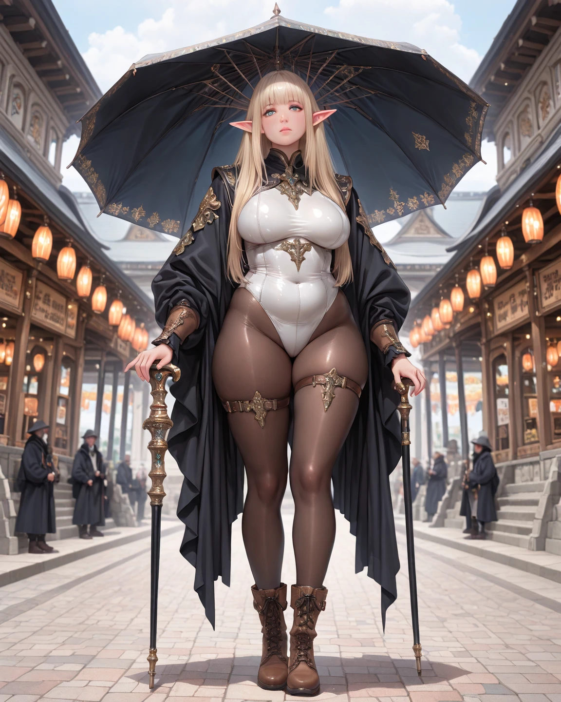 Big breast, big hips, witch outfit, big witch hat, stockings, elf ears, elf, albino skin, blue eyes, Peep-toe ankle strap platform heel shoes,