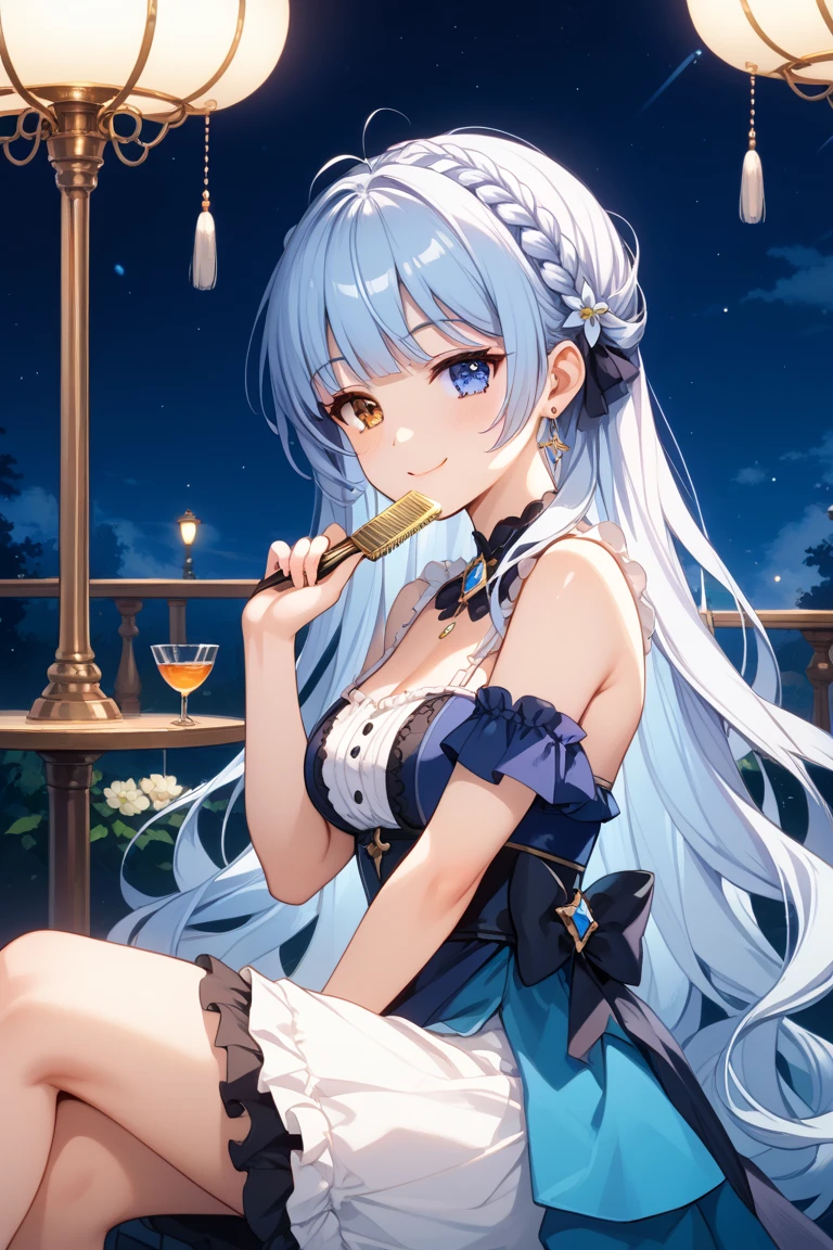 The background is a cat cafe、Cat Tower、Lots of cats、Crystal clear light blue hair、Her hair is gradated and white from the hairline to the middle.、Hair length is up to the knees、A shiny, light blue sailor suit、The hair ornament is glittering gold.、Silver hair ornament、She has big breasts、Adult face、