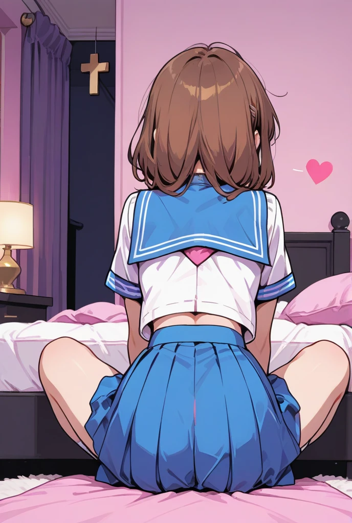 tennis girl's massive rear butt, cheeks out of bottomless slutty mini skirt out bare, showing her butt, lying down, on bed, gloved hands hidden, under pillow, blindfold