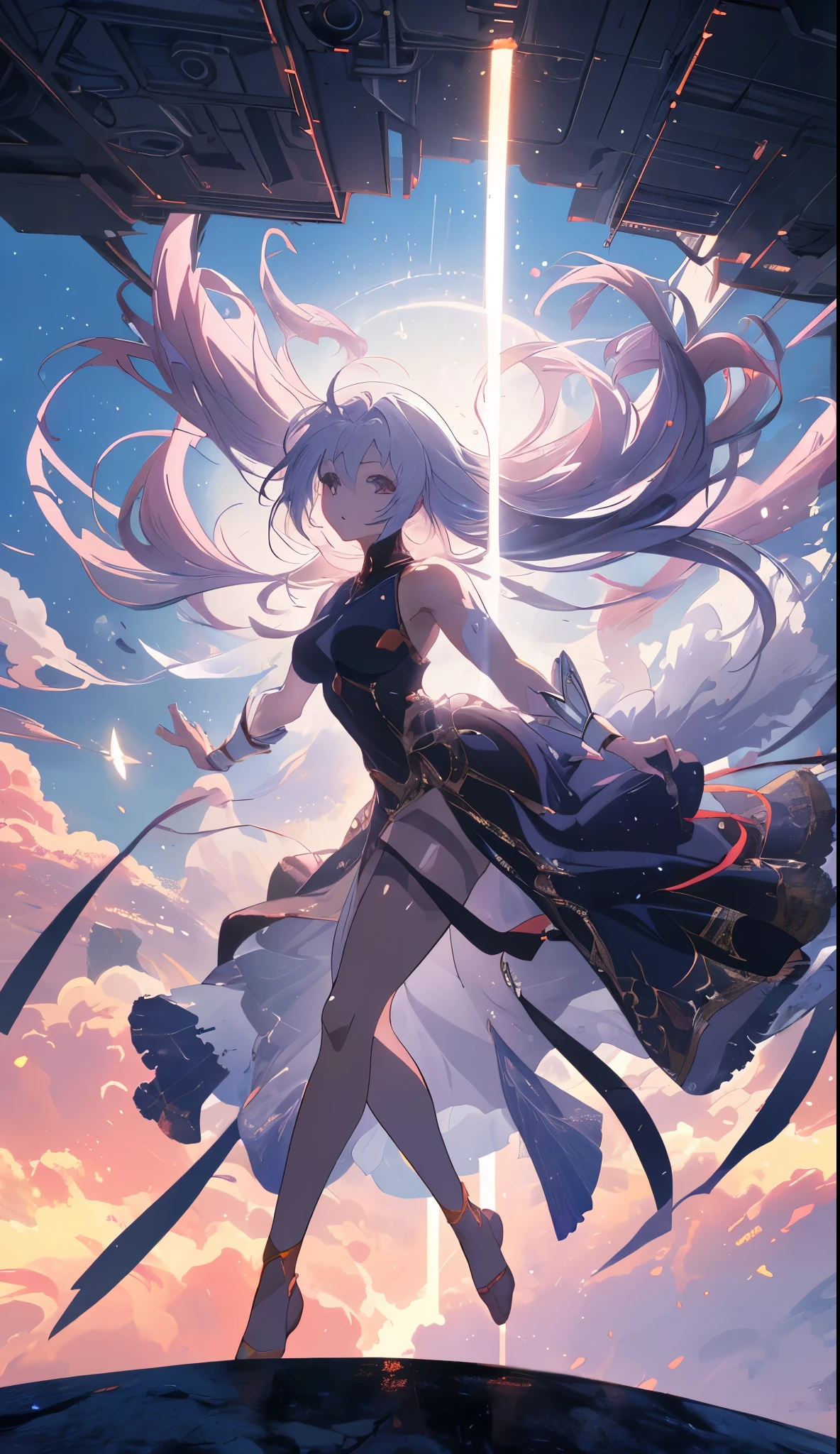  (RAW photo, best quality), (anime, style anime: 1.3), best quality, highly detailed, dancing, flying, panorama, vista, floating, levitating, dynamic pose, masterpiece, super detailed, illustration, 1 girl, full body, thicc coxas, seios medios largos, upper_body, dynamic angle, world masterpiece theater, messy_long_hair, best quality, extremely detailed CG Unity 8k wallpaper, ink, amazing, cinematic lighting, lens_ flare，surreal_style，