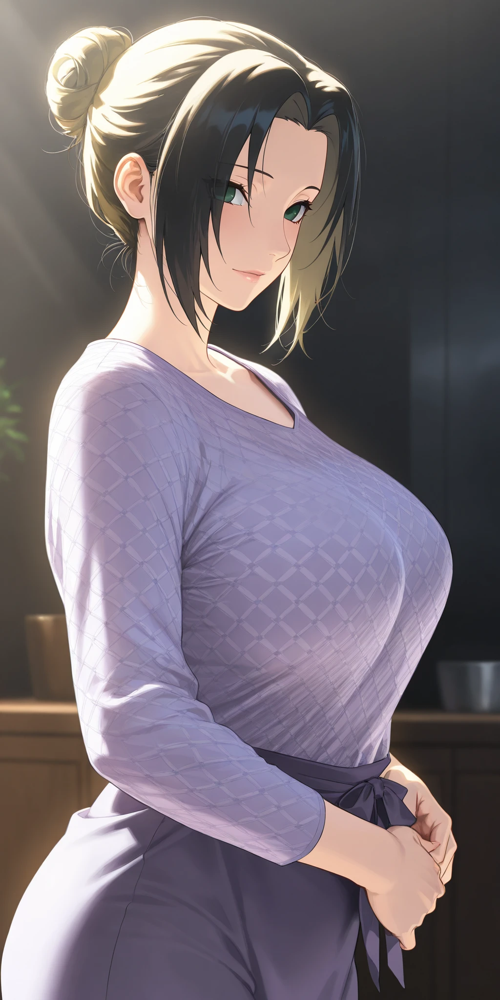 masterpiece, absurdres, hinata\(boruto\), 1girl, solo, mature female, wearing sweater, outdoors, night city raining, perfect composition, detailed lips, cleavage,beautiful face, body propotion, blush, (pink lips), purple eyes, soft gaze, sad smile, super realistic, detailed, photoshoot, realistic face and body, realistic hair, realistic eyes, realistic nose, realistic lips, short black hair, hand looks realistic, detailed legs, detailed eyes, huge breasts