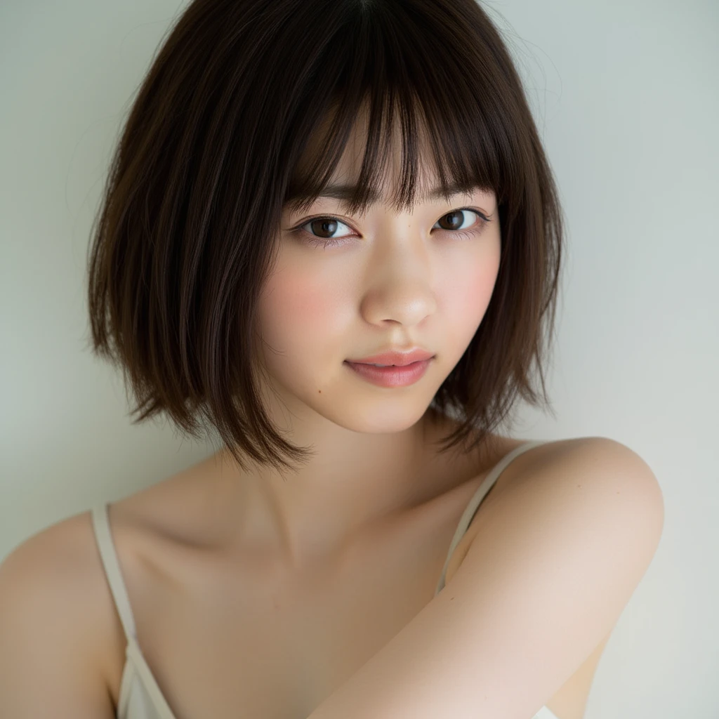 (Highly realistic photos, High resolution, Detailed face, Fine Eyes), ((Photographed in front of a white wall))、Japanese women, Various expressions of middle-aged wives, alone:1, Slim figure, Mr..々Hairstyle,  Only one person is in the photo、nude、Completely naked、Photographed in natural light、Simple Necklace、Don&#39;Don&#39;Don&#39;Don&#39;t look at the camera、profile、Pink brown hair color、Bob Hair、The whole body is shown、Many moles、Arms behind your back