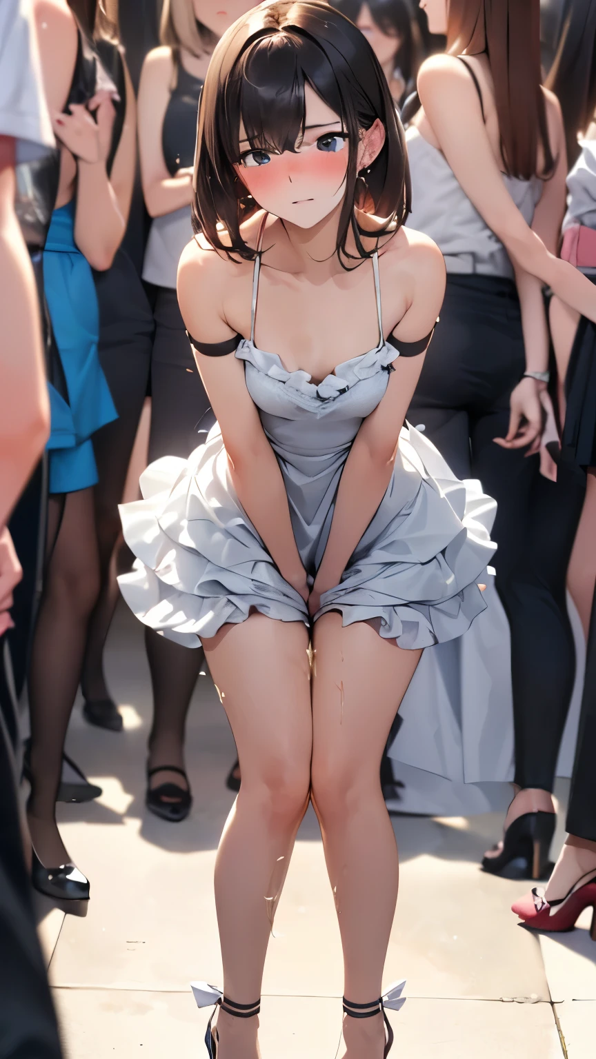 (SIGMA 200 mm F/1.8, 1/1000 sec shutter, award-winning photo), beautiful medium breasts, shiny skin, (have to pee-pee:1.2), (Disheveled hair), (Unable to hold pee-pee anymore desperate look:1.3), (She needs to pee-pee so badly:1.1), (She front in queue with girls restroom:1.4), (Panting:1.4), (Full face blush:2), (So embarrassing), (Constricted Pupils:1.5), (Impatience), (flustered:1.5), (Her shoulders were high, almost touching her ears, and her whole frame looked tense and frozen, legs straight standing on tiptoes, arms stiff, her whole posture unnaturally tight, She stood like someone trying not to break under pressure:2), (She casually clutch crotch hold in her pee-pee:1.1), (wearing Frilly dress, Ankle strap heels:1.3), (8K, ultra-detailed, best quality, ultra-detailed face, anatomically perfect figure, extremely detailed beautiful girl), (full body), nsfw,