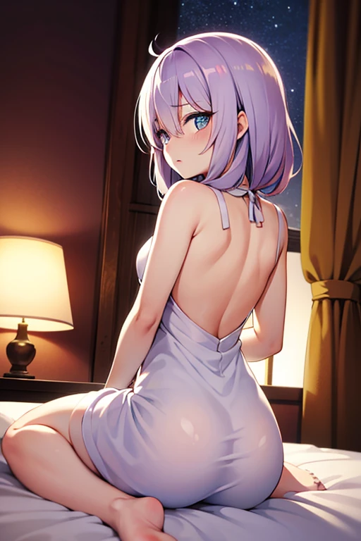 (((best quality)), ((masterpiece)), (details), masterpiece, best quality, high quality, ulutra detailed, perfect face, ((1girl, blue eyes, cat ears: 1.3 silver bob hair: 2.5,)) 、Shiny Hair、Glowing Skin、blush、Lustful look、Sleep in bed、Side Angle、whole body、Purple Babydoll、barefoot、Purple lace panties、Butt、Sideboob、