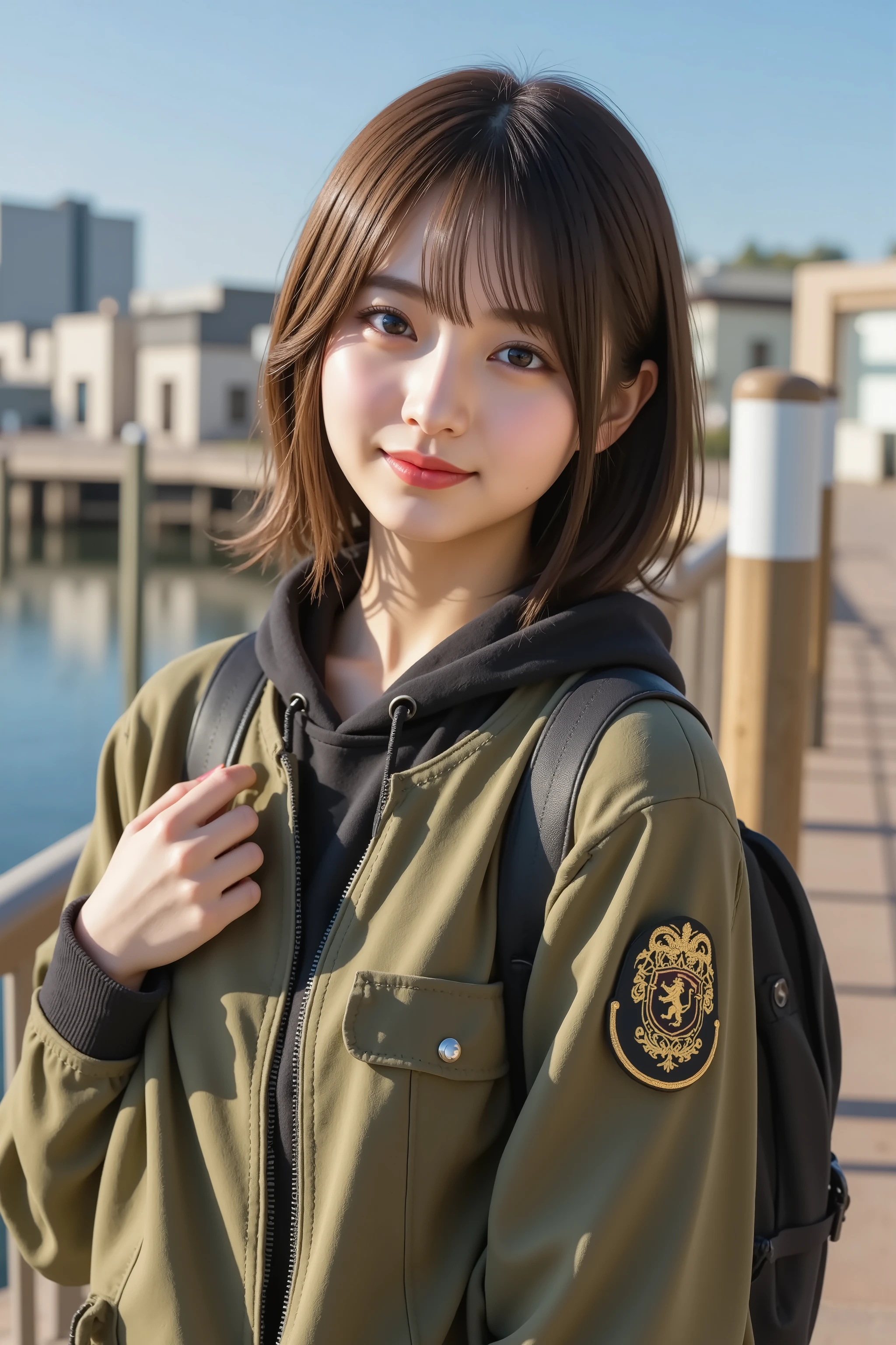 firm breast, by adjusting the framing so the subject's full head is visible within the composition, with the crop showing only from just above the bust to slightly above the top of the head. a highly detailed and realistic digital illustration of a cheerful anime-style female character standing near a dockside promenade on a sunny day, by adjusting the framing so the subject’s full head is visible within the composition, with the crop showing only from just below the shoulders to slightly above the top of the head. Ensure there is a comfortable amount of background space above the head to establish spatial context. The focus is on her upper body clothing and the waterside background.
She is wearing a cropped military-style zip-up jacket in olive green with black cuffs and waistband. A gold emblem patch with a lion insignia is stitched on the upper arm, adding a touch of uniform-inspired detail. Under the open collar of the jacket, a dark hoodie is visible, layered comfortably around her neck. She also wears a black backpack with visible straps and metallic buckles over both shoulders.
Her pose is natural and friendly, with one hand gently touching a wooden post nearby. The lighting is soft and warm, casting gentle shadows that define the folds and fabric textures of her clothing.
The background features a clear blue sky and a calm waterfront, with wooden posts lining the edge of the dock. Reflections shimmer on the water’s surface, and modern buildings in the distance create a clean, contemporary atmosphere. The paved walkway and open railing further emphasize the dockside setting.
The overall composition captures a blend of structured street fashion with a peaceful, sunny waterfront backdrop, emphasizing contrast in textures and a relaxed tone.