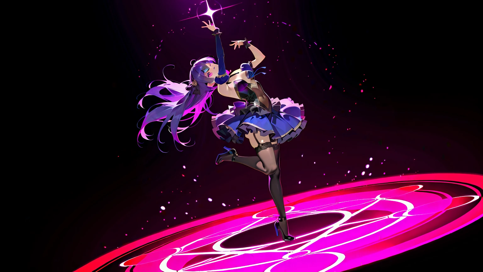 Masterpiece, Top Quality, Super Detail, One Girl, Solo, Viewer(Curve: 1.1), Collar, Bangle, Bracelet, (Thigh: 1.2), Bed, (((Masterpiece))), ((Best Quality)), Chromatic Aberration, 1girl, Solo, Skirt, Hatsune Miku, Long Hair, Thighs, Twin Tails ,Headset, Purple Eyes, Purple Hair, Full Body, Live Venue Background, Very Long Hair, Tattoo,Hair Ornament, Wearing pink swimsuit, happy, gacha game SSR character, standing on pedestal, white background