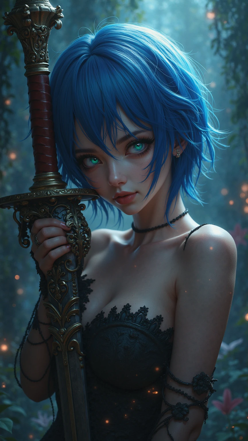 a thicc anime girl, short blue pixie haircut, dark green eyes, large breasts, magical girl outfit, holding a large ax, (best quality,4k,8k,highres,masterpiece:1.2),ultra-detailed,(realistic,photorealistic,photo-realistic:1.37),vibrant colors, dramatic lighting, fantasy, cinematic, highly detailed, intricate, digital art, 3D rendering