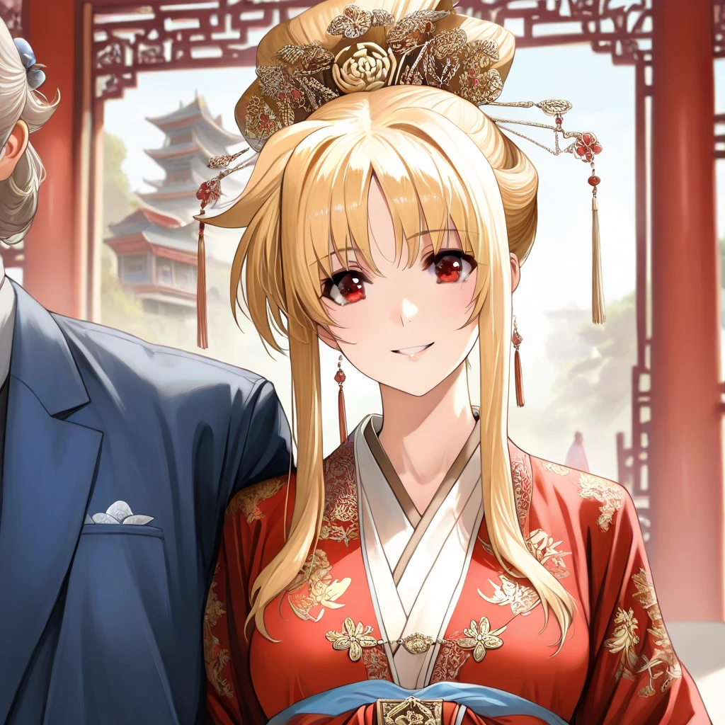 A woman is being raped by a man、((Highest quality)), ((masterpiece)), (detailed), (Perfect Face)、The woman is a Vietnamese thai woman, wearing a gorgeous and glittering ao dai, a traditional Vietnamese dress with gold embroidery, a gorgeous hair ornament, gorgeous jeweled accessories and an engagement ring, and is in a city in Vietnam.、The woman is an elegant Thai lady with green eyes and medium-long blonde hair. She is a Vietnamese Thai lady wearing an Ao Dai.