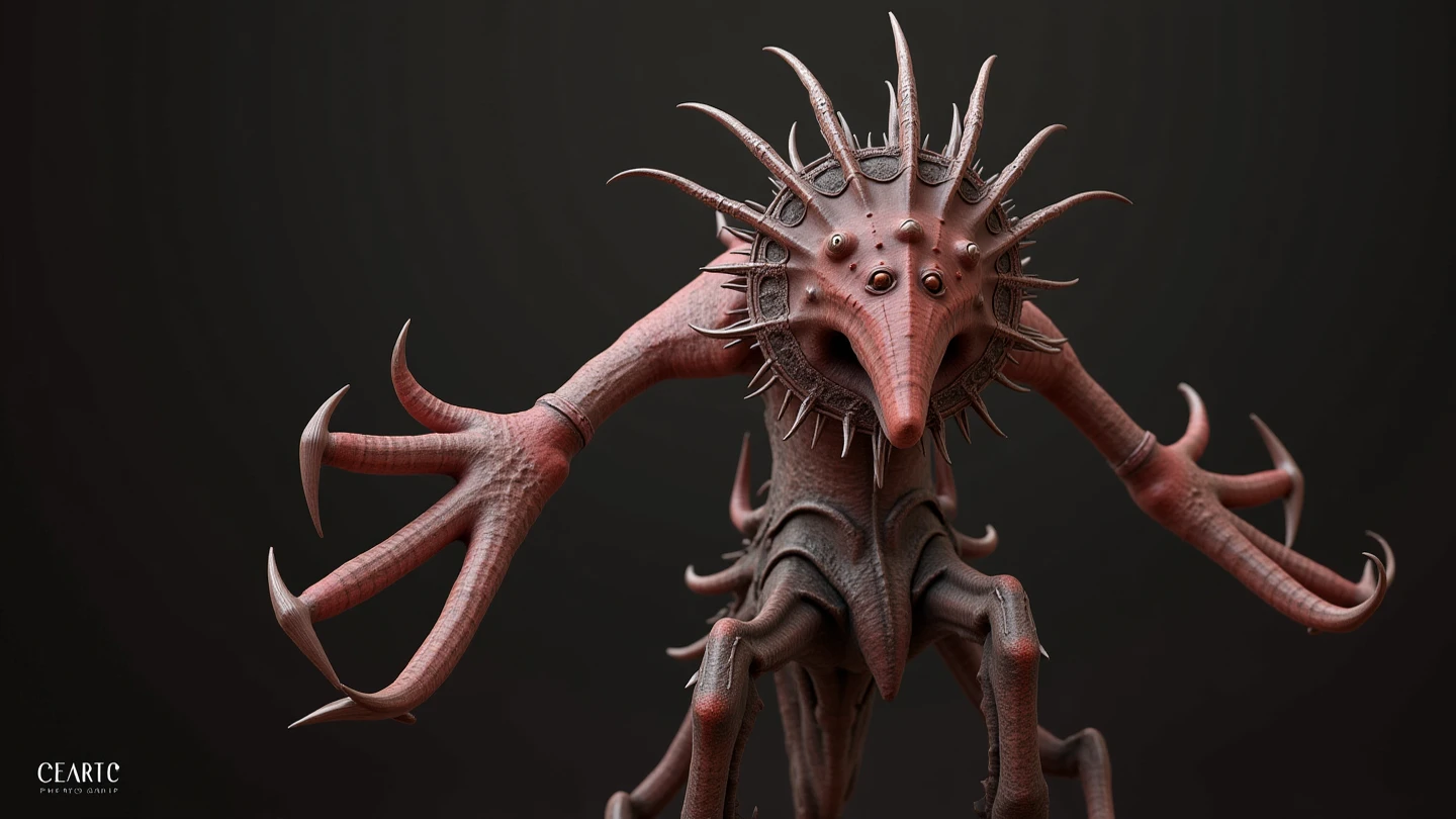 Playful Ephemeral Gritty Fungoid, Multipedal Single-Armed, Five-Fingered Hands, Prehensile-Tailed, Metallic Skin, Pointed Ears, Ruby
