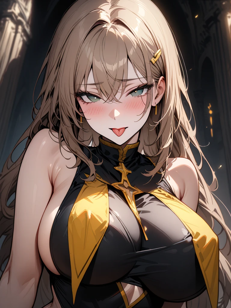 (Perfect Anatomy)、Mastepiece、Ultra High Quality、 8k、masterpiece、Highest quality、Ultra-high resolution、Maximum resolution、Very detailed、Professional Lighting、anime、woman、thin、Very beautiful face、Very beautiful eyes、(Highly detailed eye)、Highly detailed face、Blonde, (ahoge), wavy hair, Pink eyes, (gold hair, green dip-dye hair), stomach cutout, thigh boots, high heels, white mini pencil skirt, white off shoulder, makeup, eyeliner, eye shadow, pink cheek, pink lips, smile, underboob,