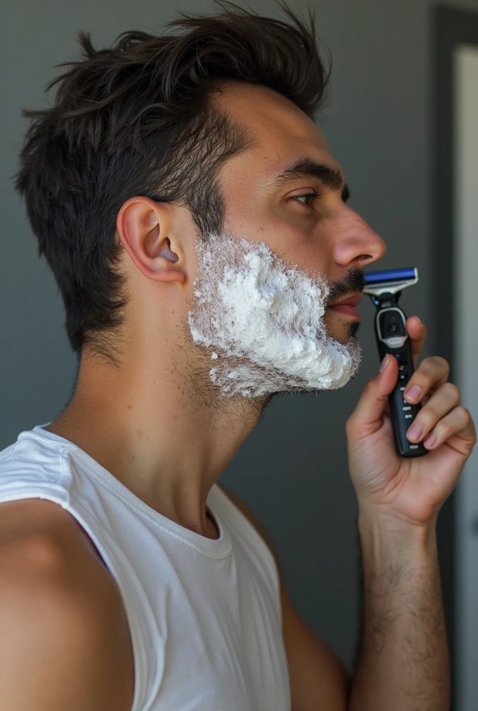 Handsome Japanese man in his 40s,Upper body portrait,Shaving,shaver,Bangs are down, 4k